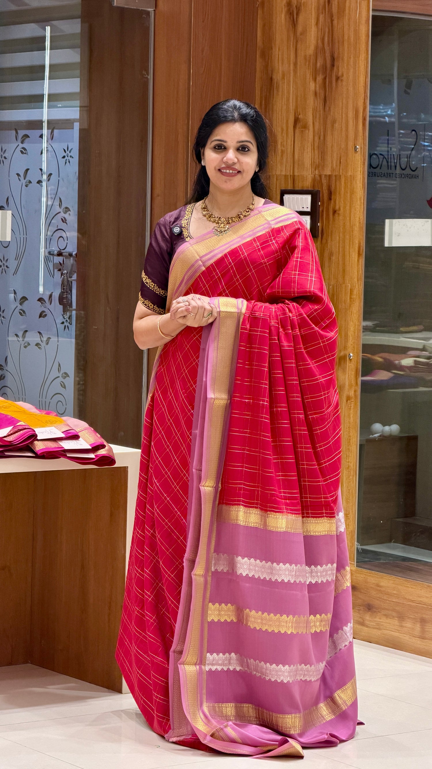 PURE MYSORE CREPE PSUV285-RED WITH BABYPINK
