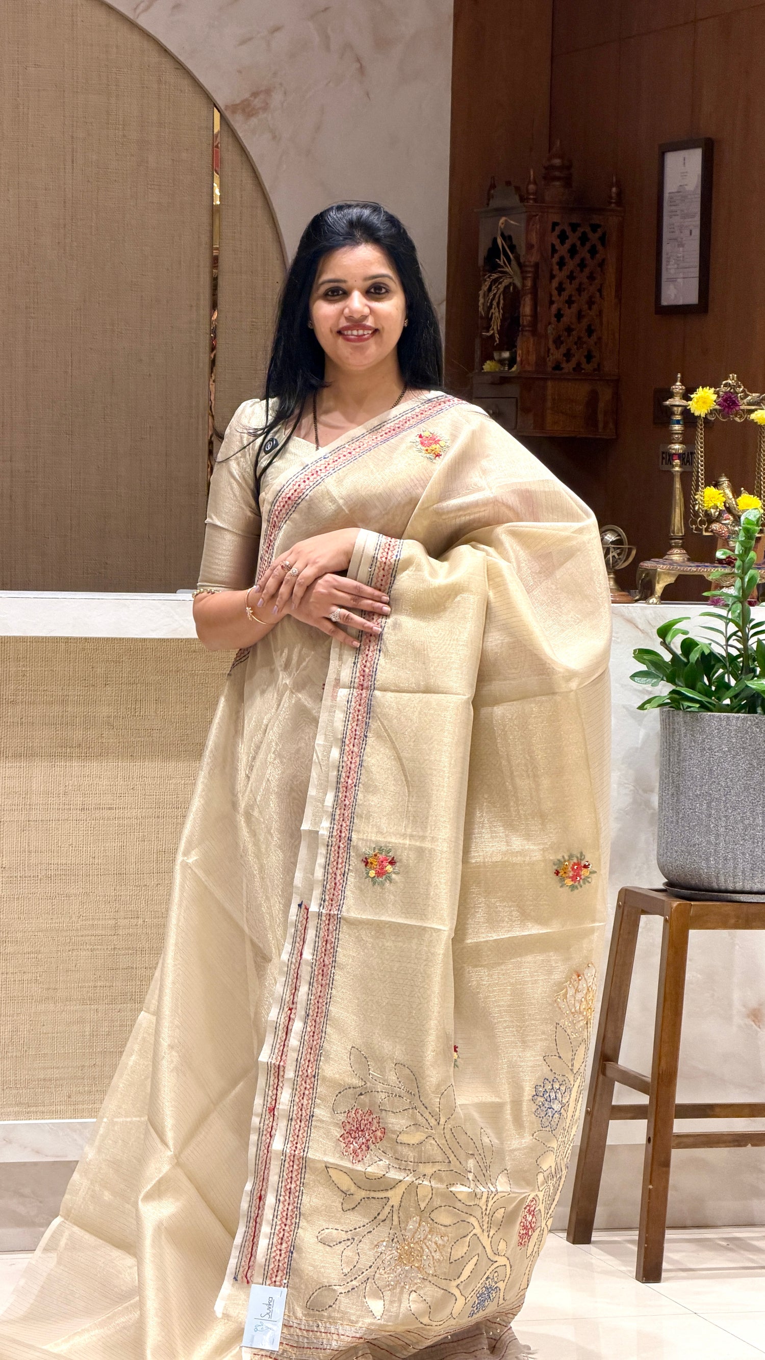 SUV3834-CHICKU WITH RED Designer tissue saree