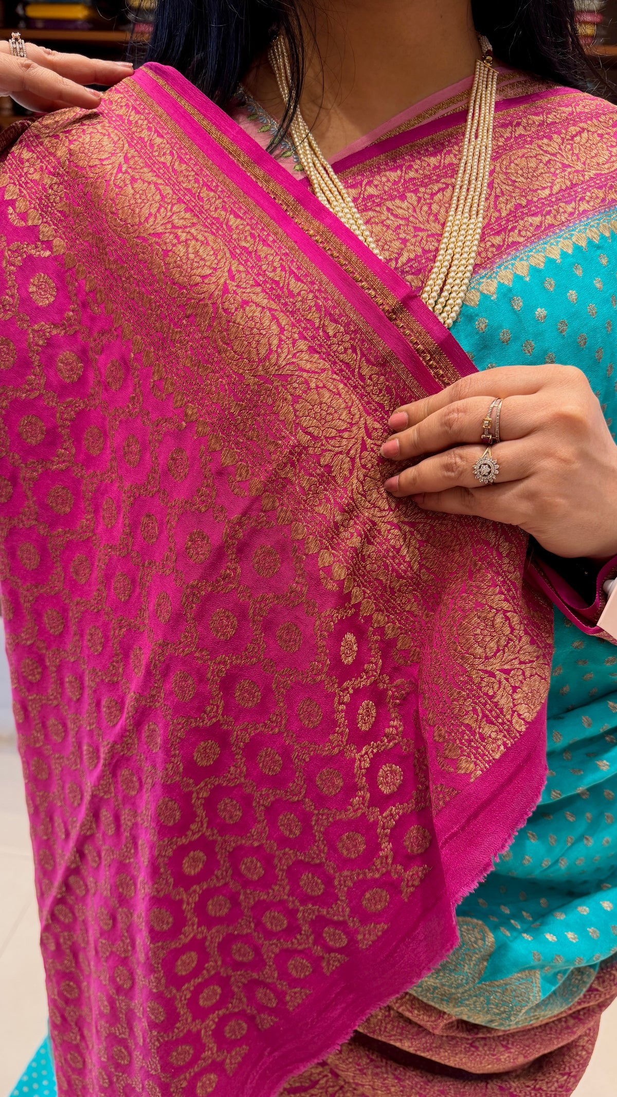 PURE BANARASI CREPE SAREE PSB42-SKYBLUE WITH PINK