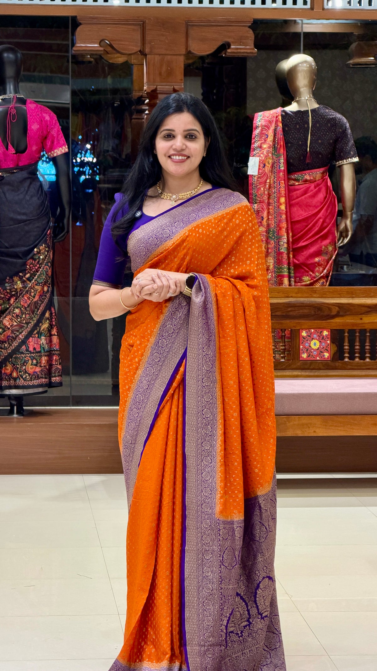PURE BANARASI CREPE PSB40-ORANGE WITH PURPLE