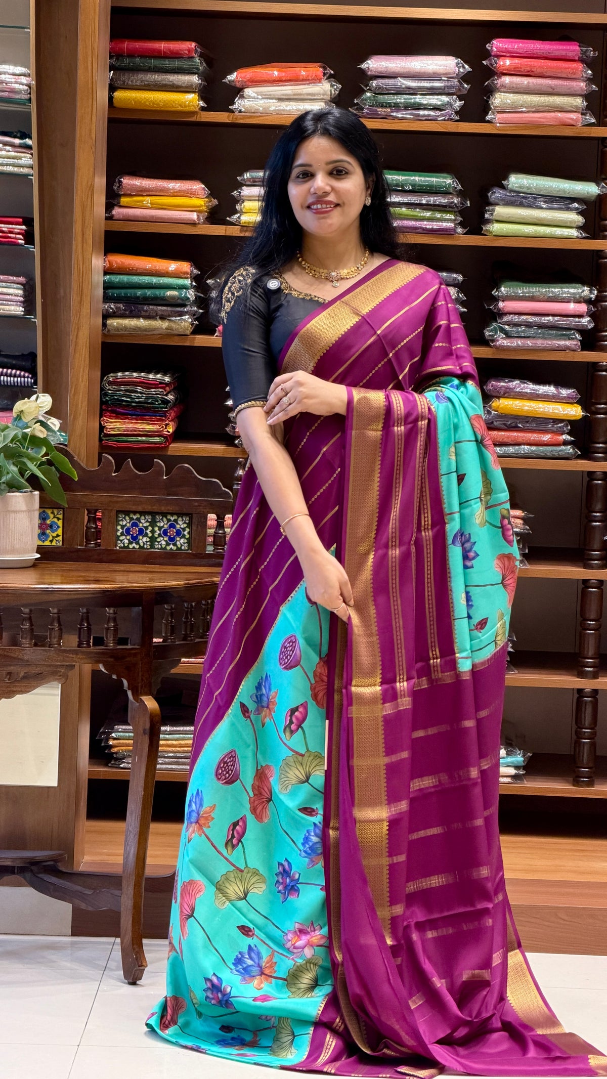 PURE MYSORE CREPE SAREE PSUV2 - SEAGREEN WITH WINE