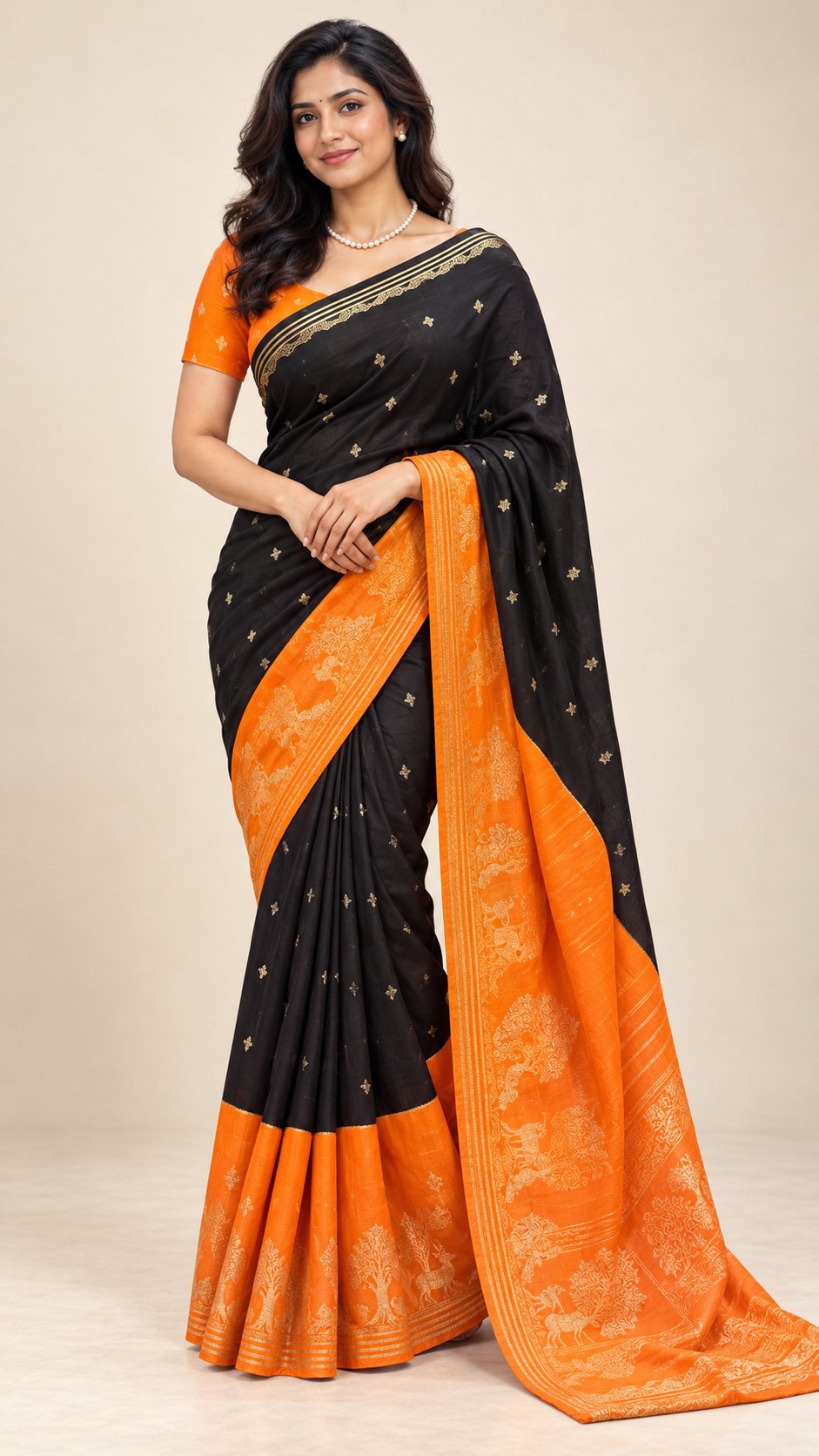 CREPE SILK SUV5391-BLACK WITH ORANGE