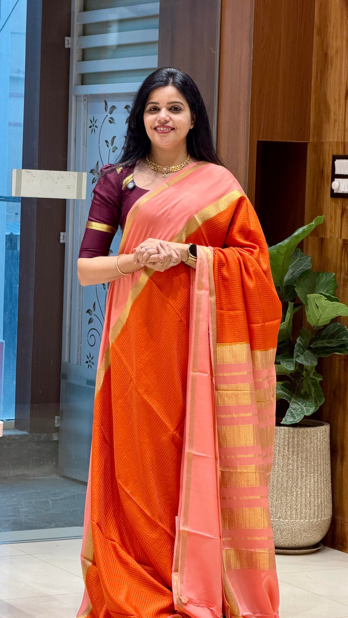 PURE MYSORE CREPE PSUV279-ORANGE WITH PEACH
