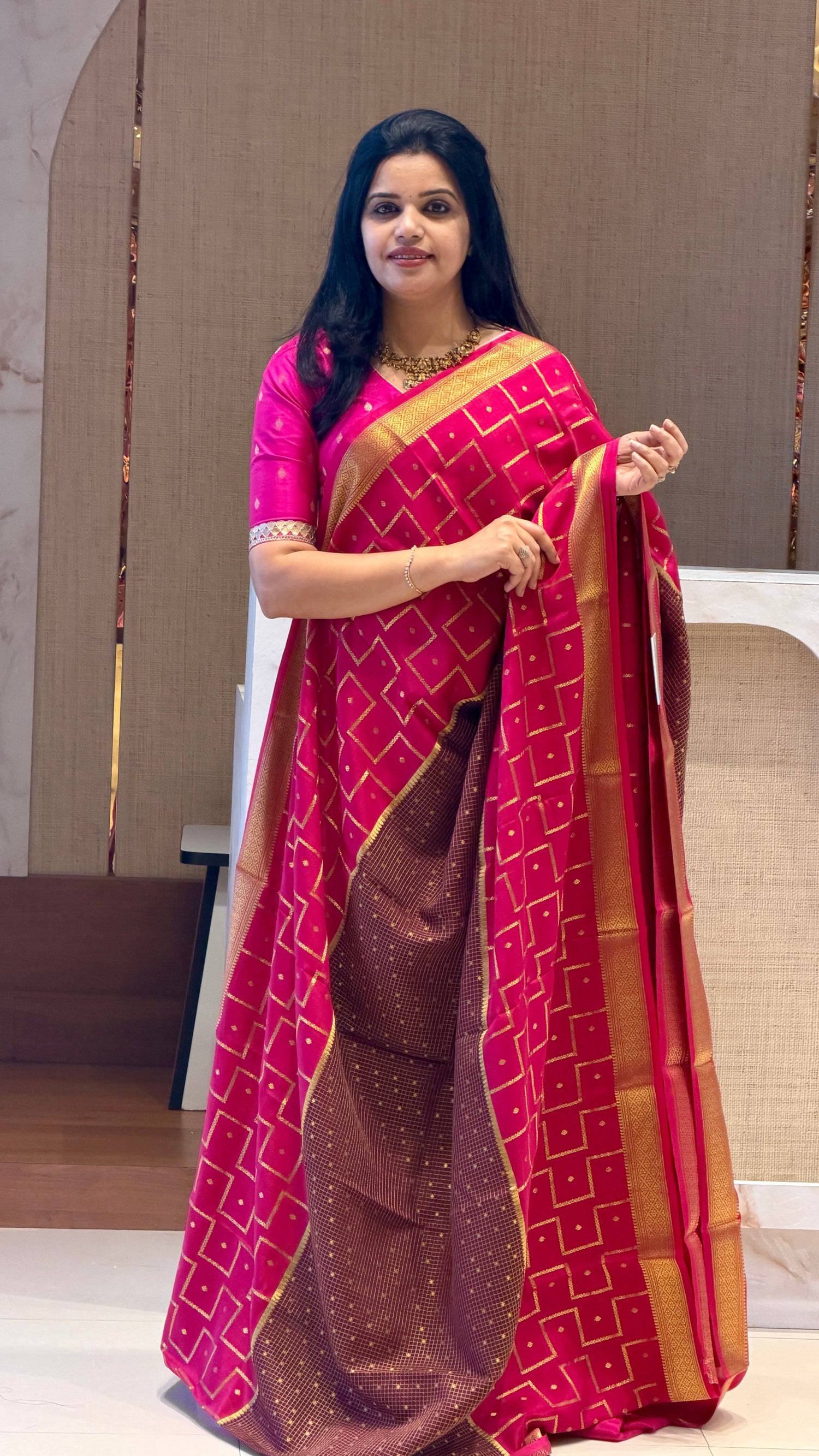 PSUV256-BROWN WITH PINK - Pure Mysore crepe