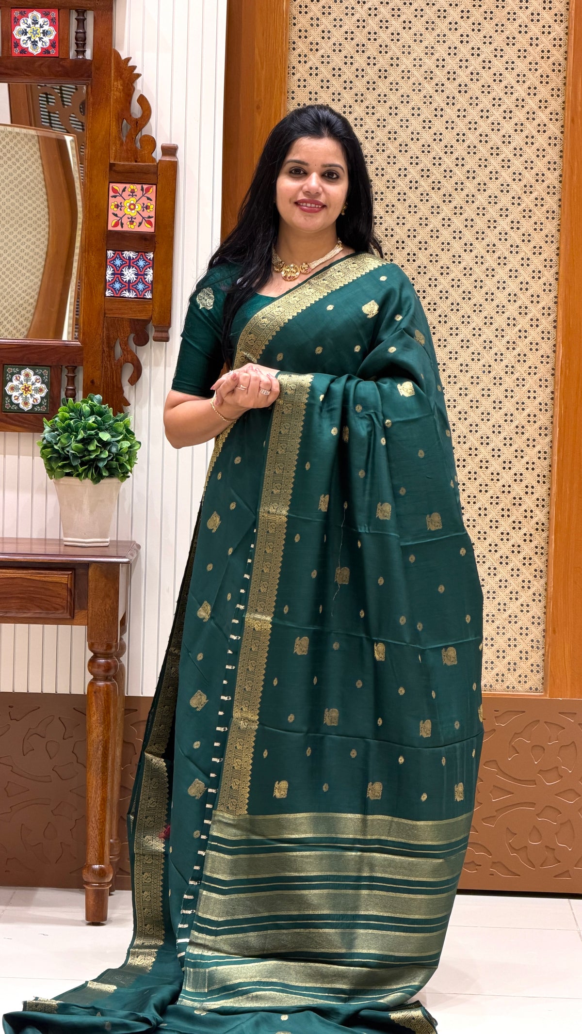 SEMI MYSORE CREPE SILK SAREE SUV5469-BOTTLEGREEN
