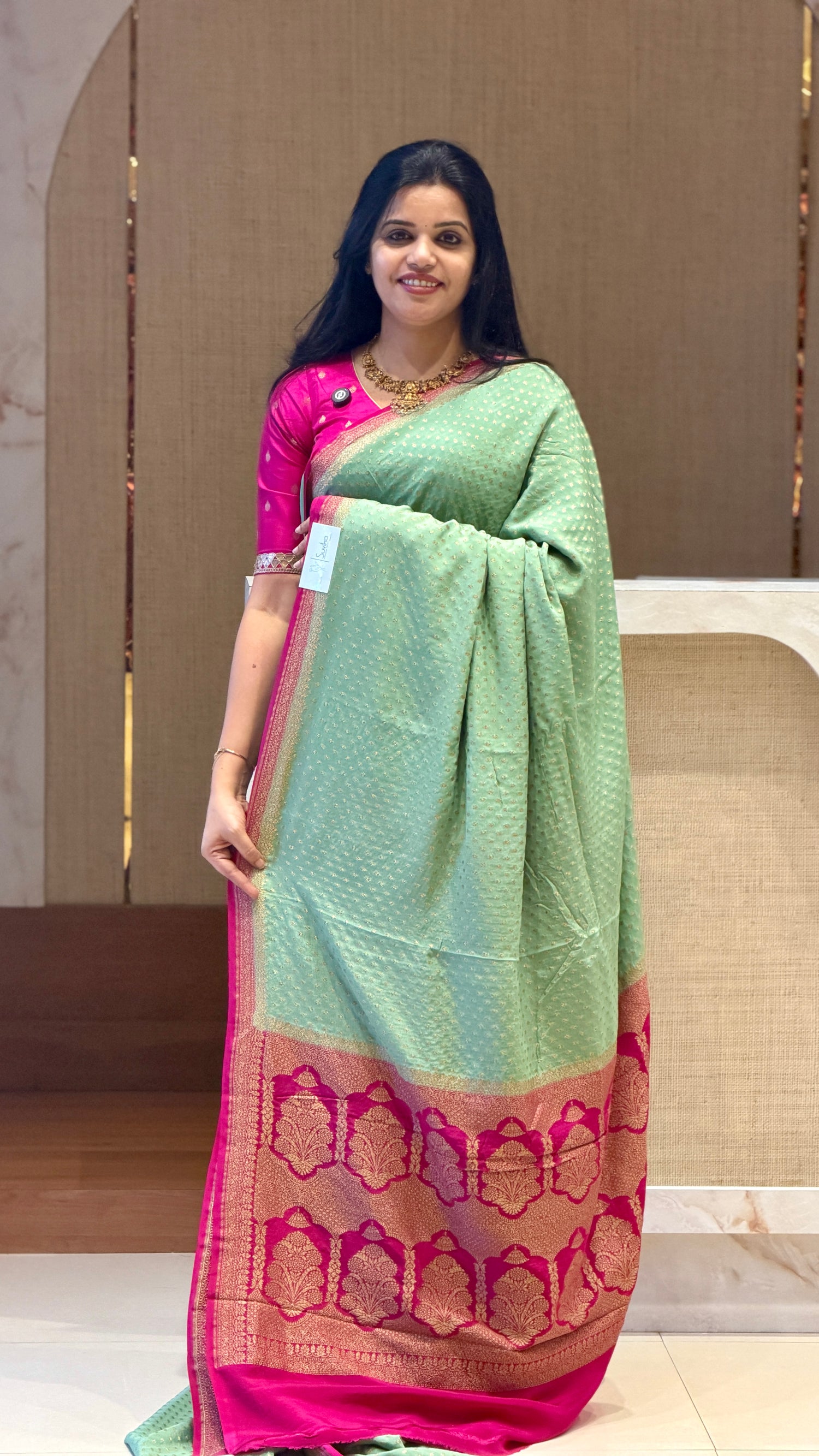 PSUV240-SEAGREEN WITH PINK(SB) pure Banarasi crepe saree