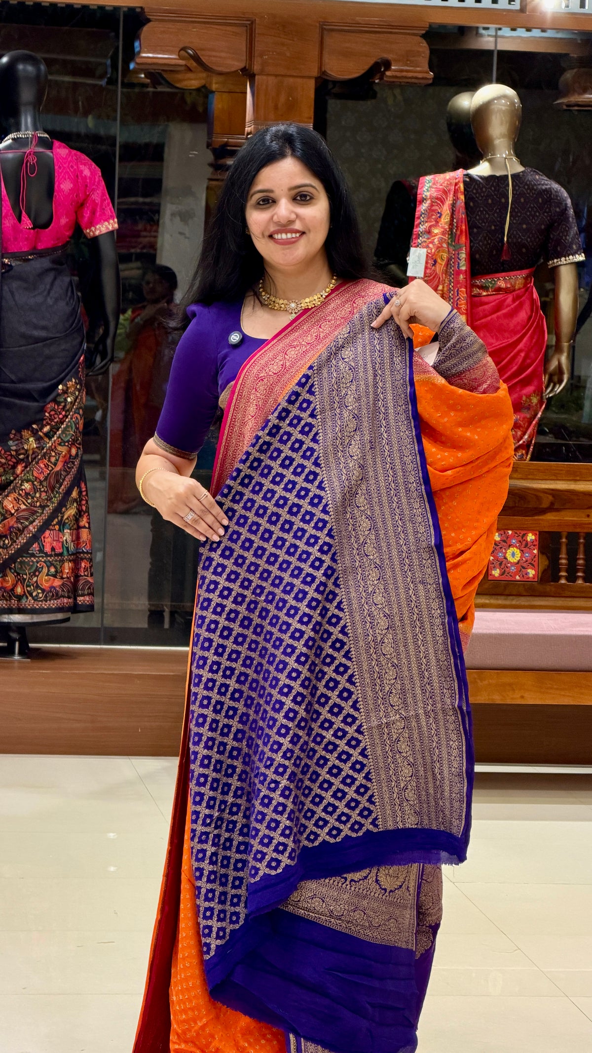 PURE BANARASI CREPE PSB41-ORANGE WITH PURPLE