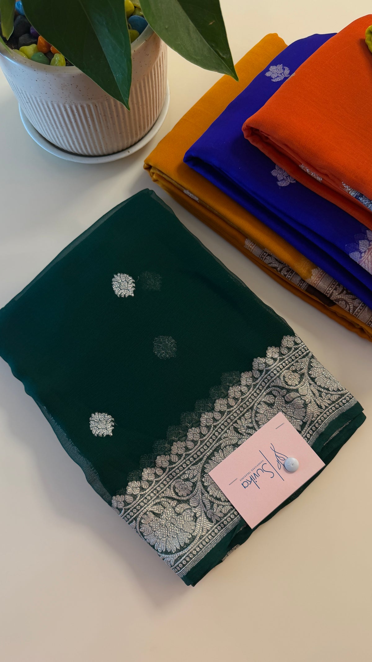 PURE CHIFFON SAREE PSB47-BOTTLEGREEN