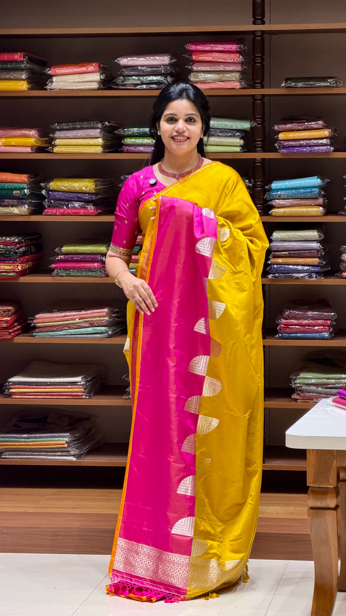 PURE MASHROO SATIN SILK PSJV357-YELLOW WITH PINK