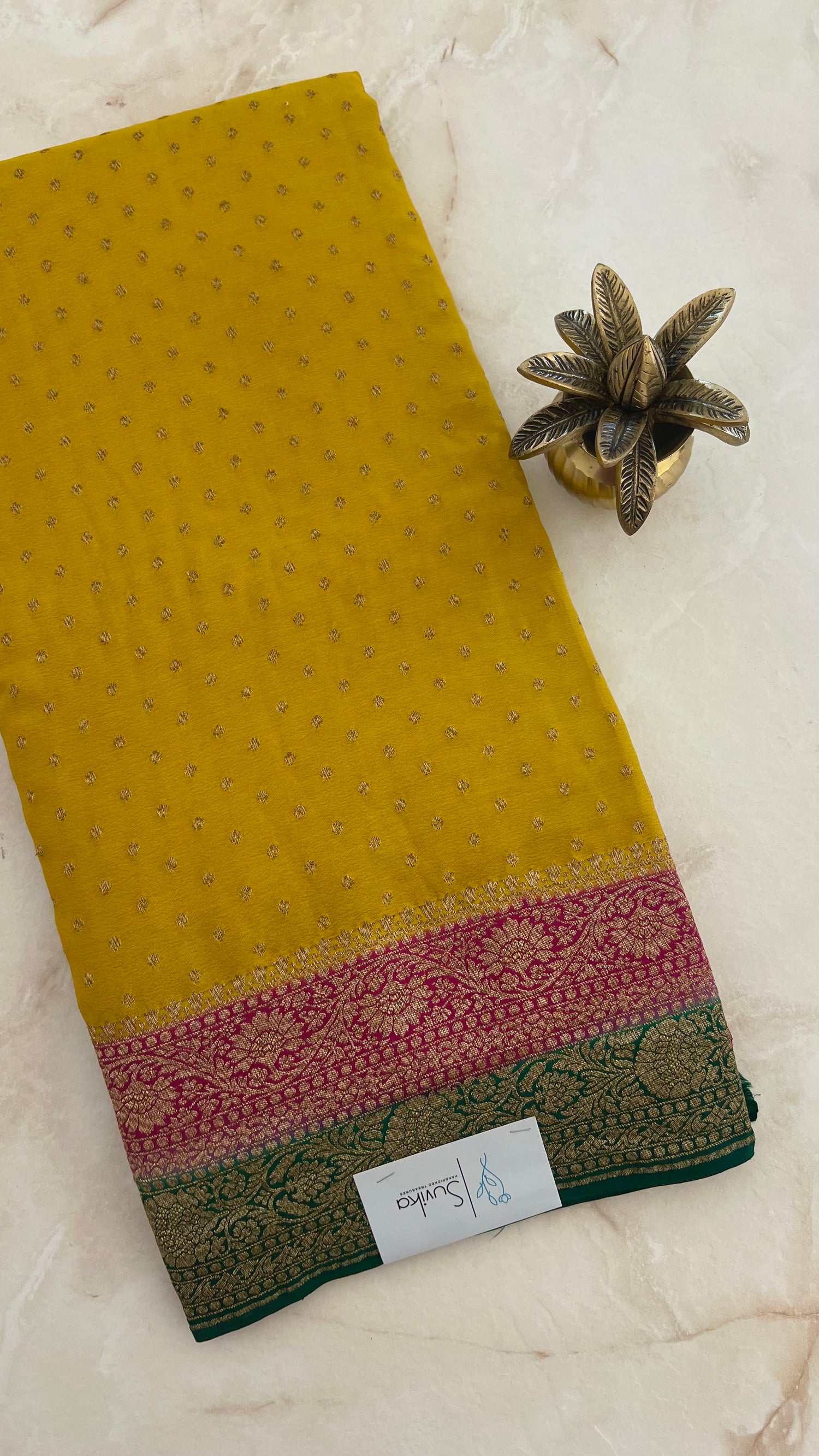 PSUV227-YELLOW WITH BOTTLEGREEN PURE CREPE SILK SAREE