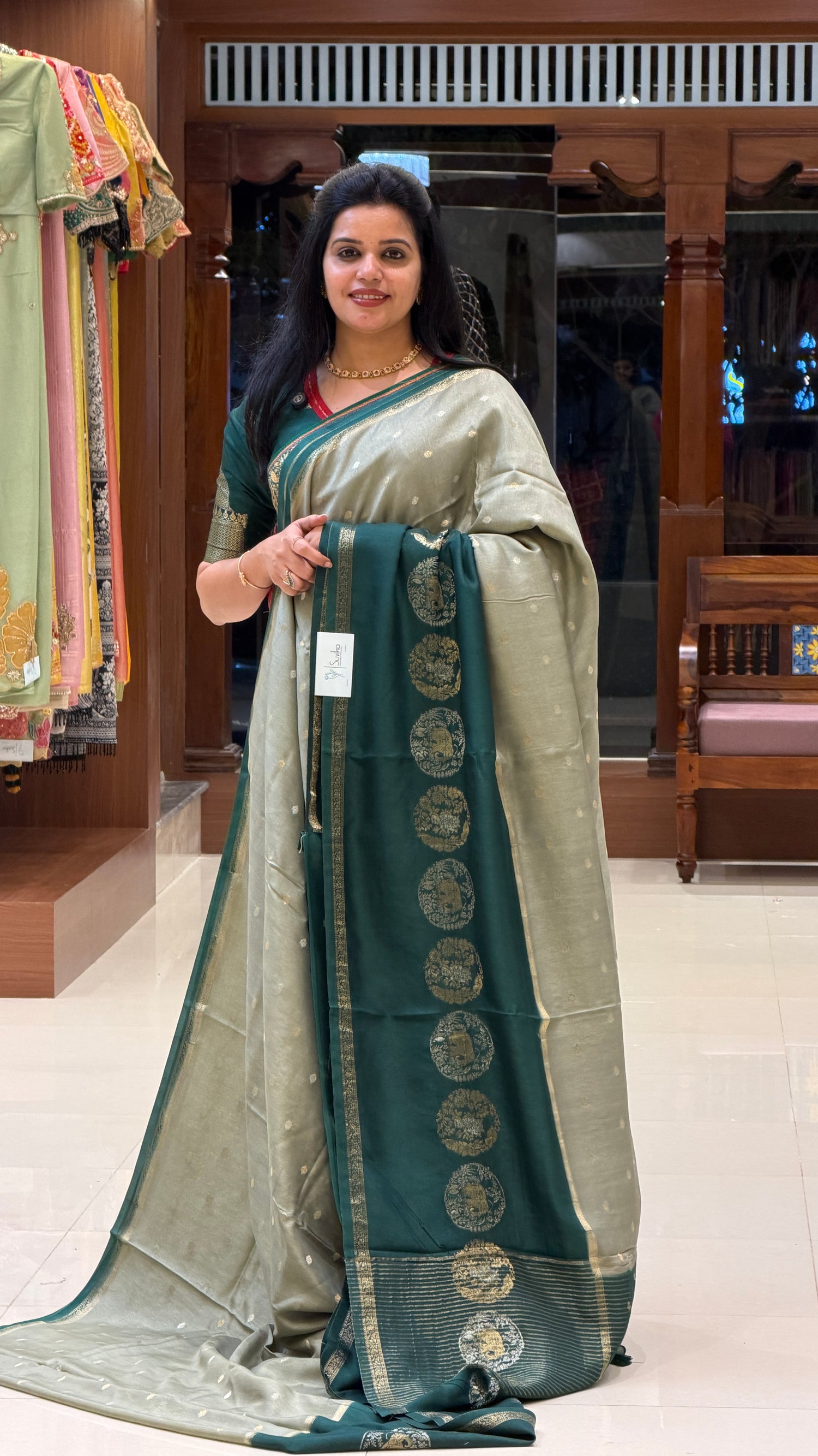 CREPE SILK SAREE SUV5389-SAGEGREEN WITH BOTTLEGREEN