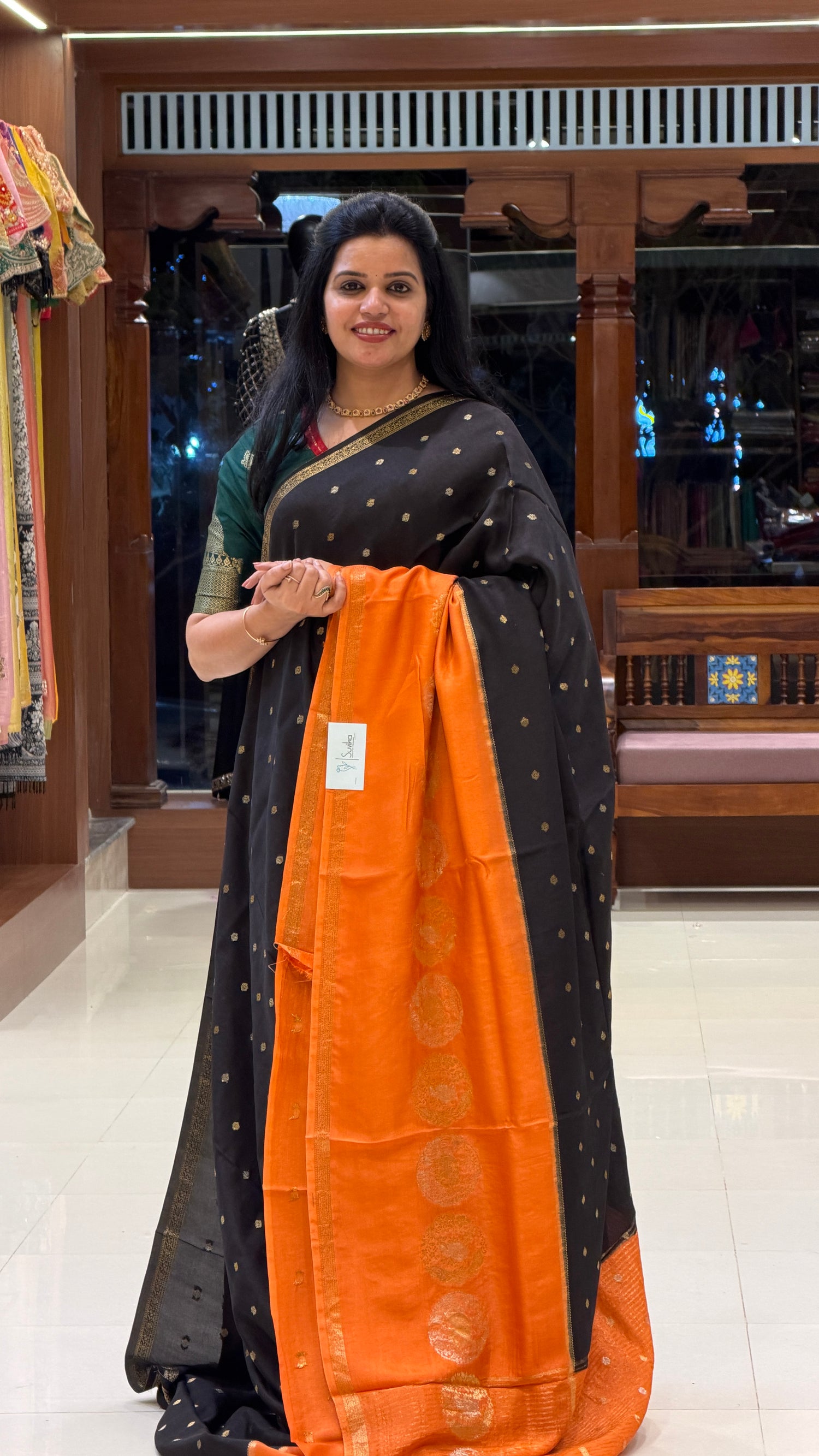 CREPE SILK SAREE SUV5389-BLACK WITH ORANGE