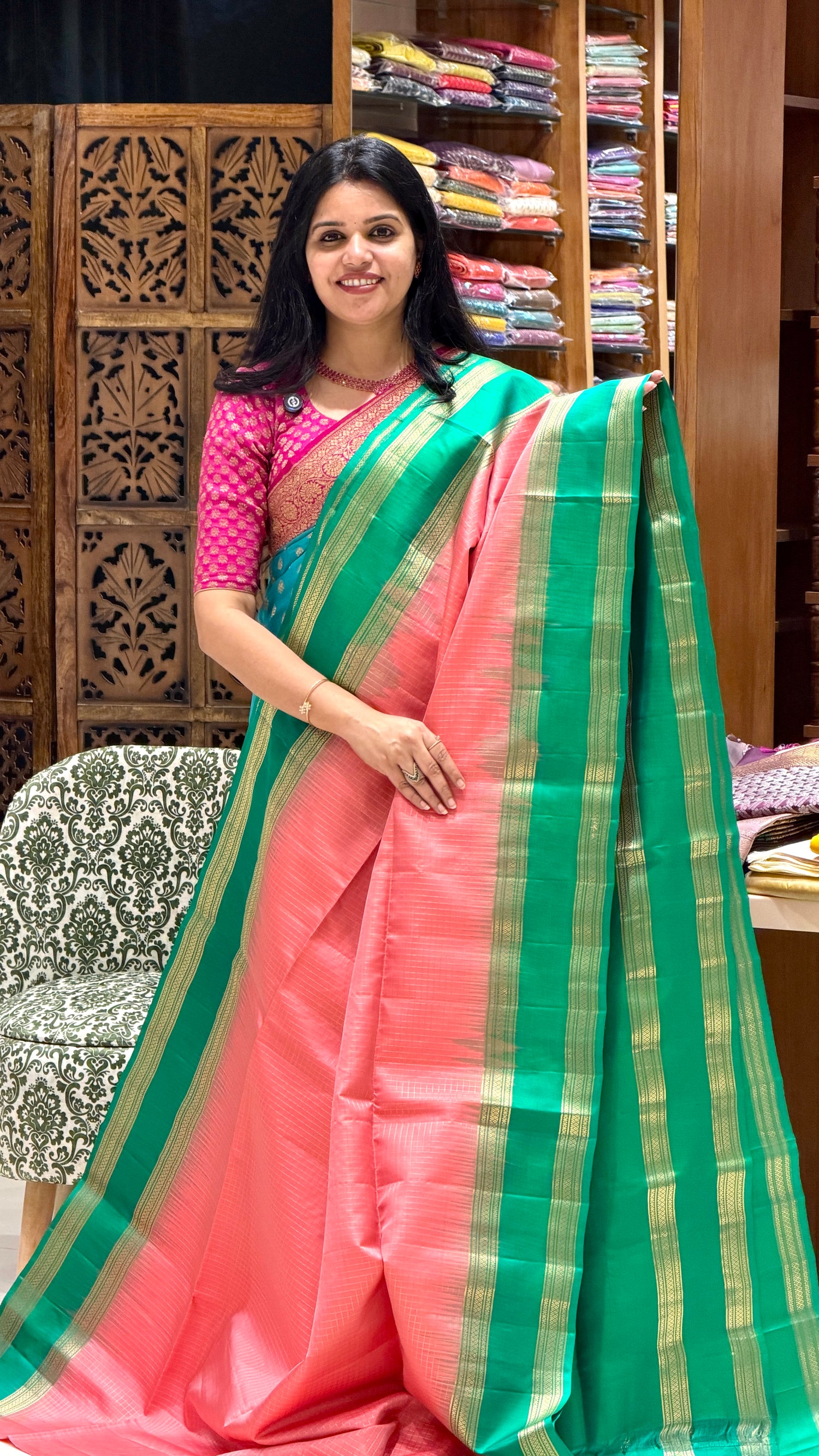 PURE KANCHI SOFT SILK PSM20-PEACH WITH GREEN