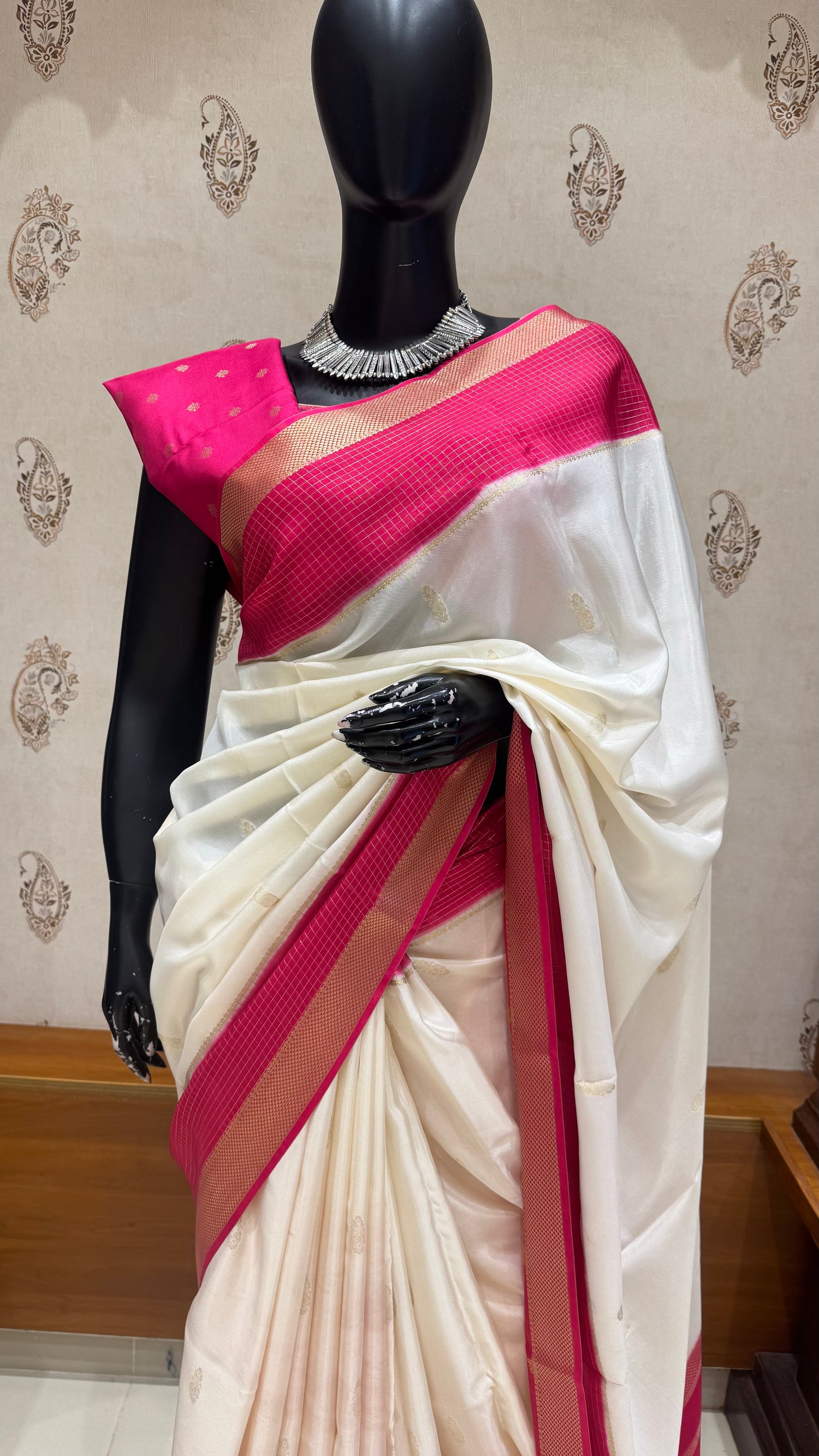 MYSORE CREPE SILK SAREE SUV5601-OFFWHITE WITH PINK
