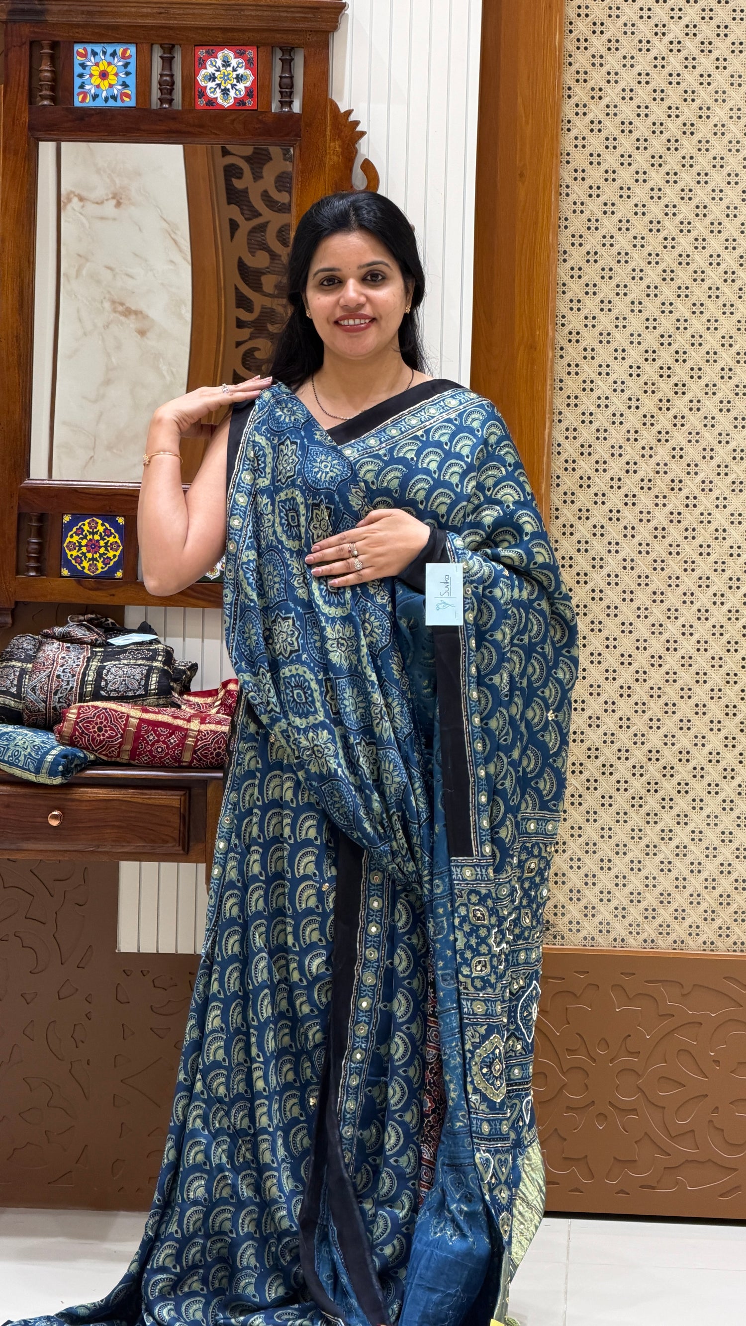 SUV4475-BLUE Ajrak Handwork embroidery on Pure modal silk saree