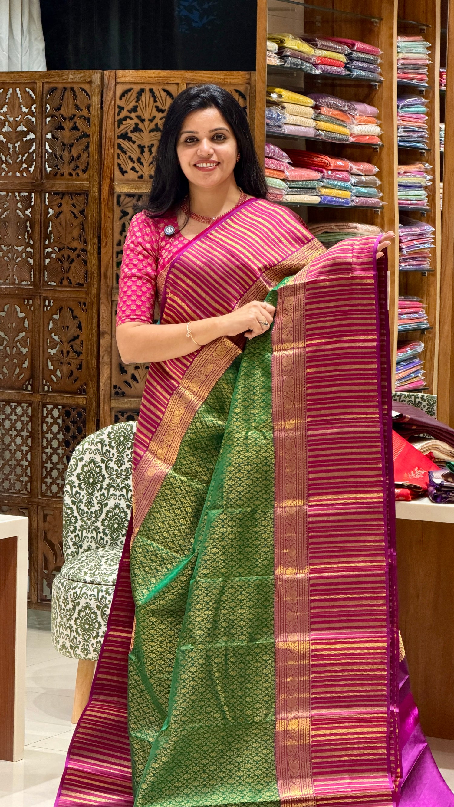 PURE KANJIVARAM SILK PSM18-BOTTLEGREEN WITH MAGENTA