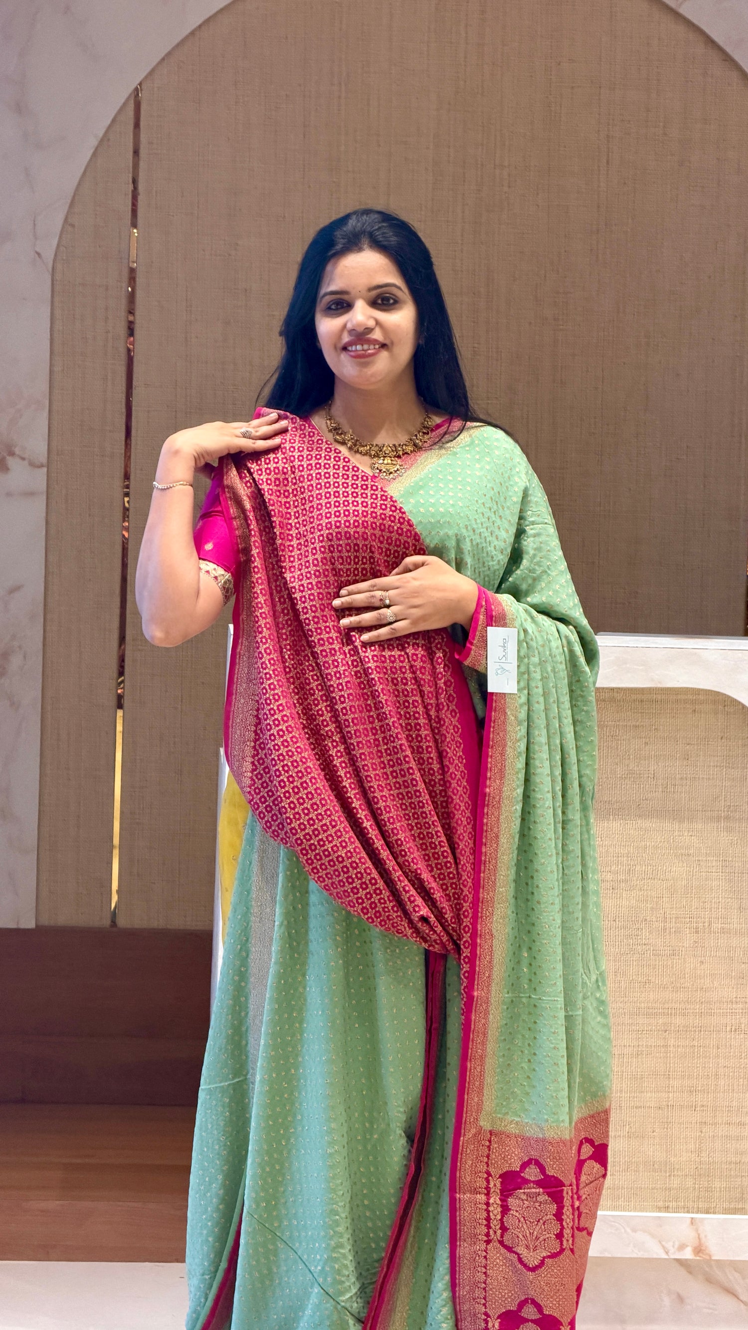 PSUV240-SEAGREEN WITH PINK(SB) pure Banarasi crepe saree