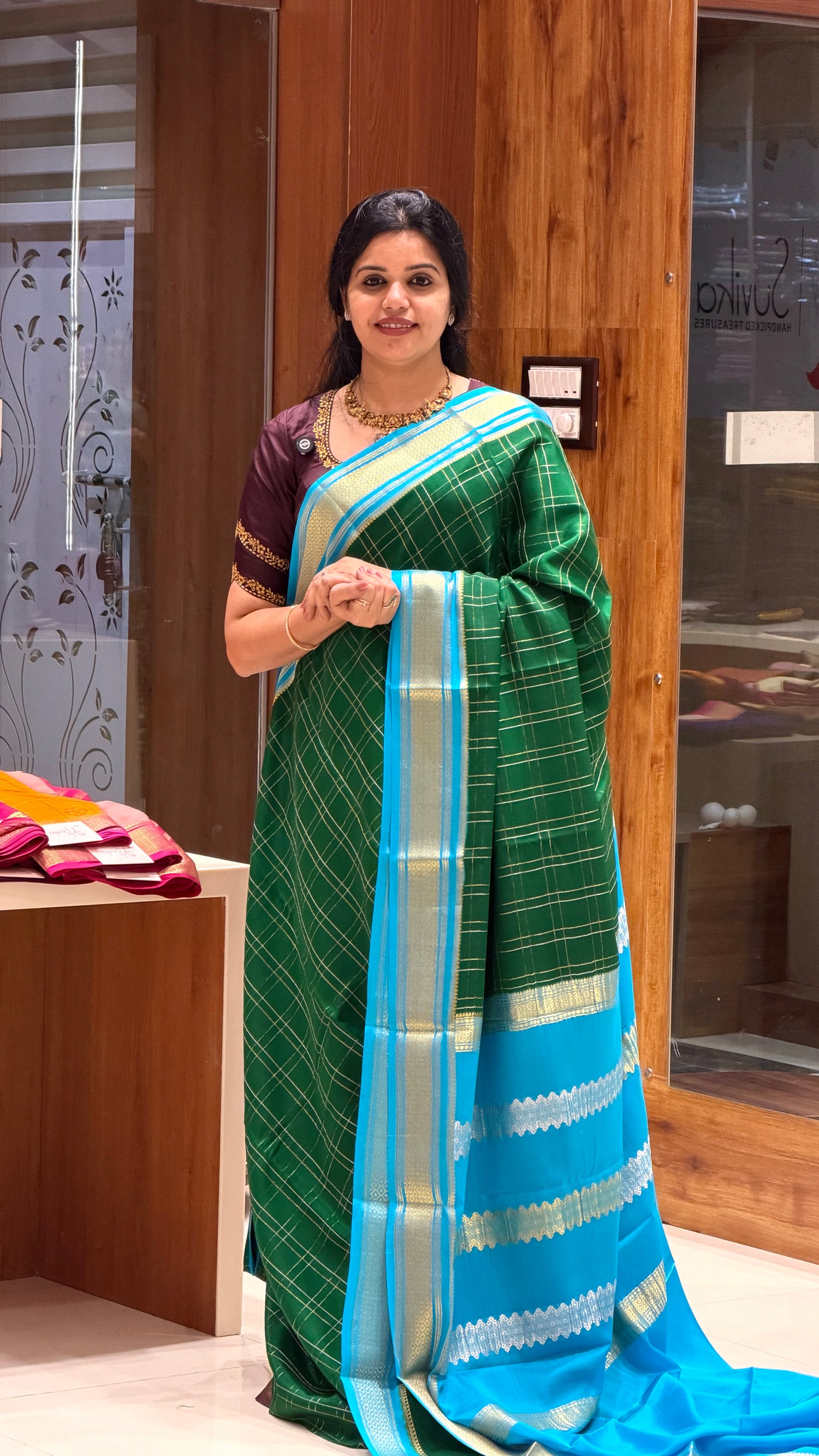PURE MYSORE CREPE PSUV285-GREEN WITH SKYBLUE