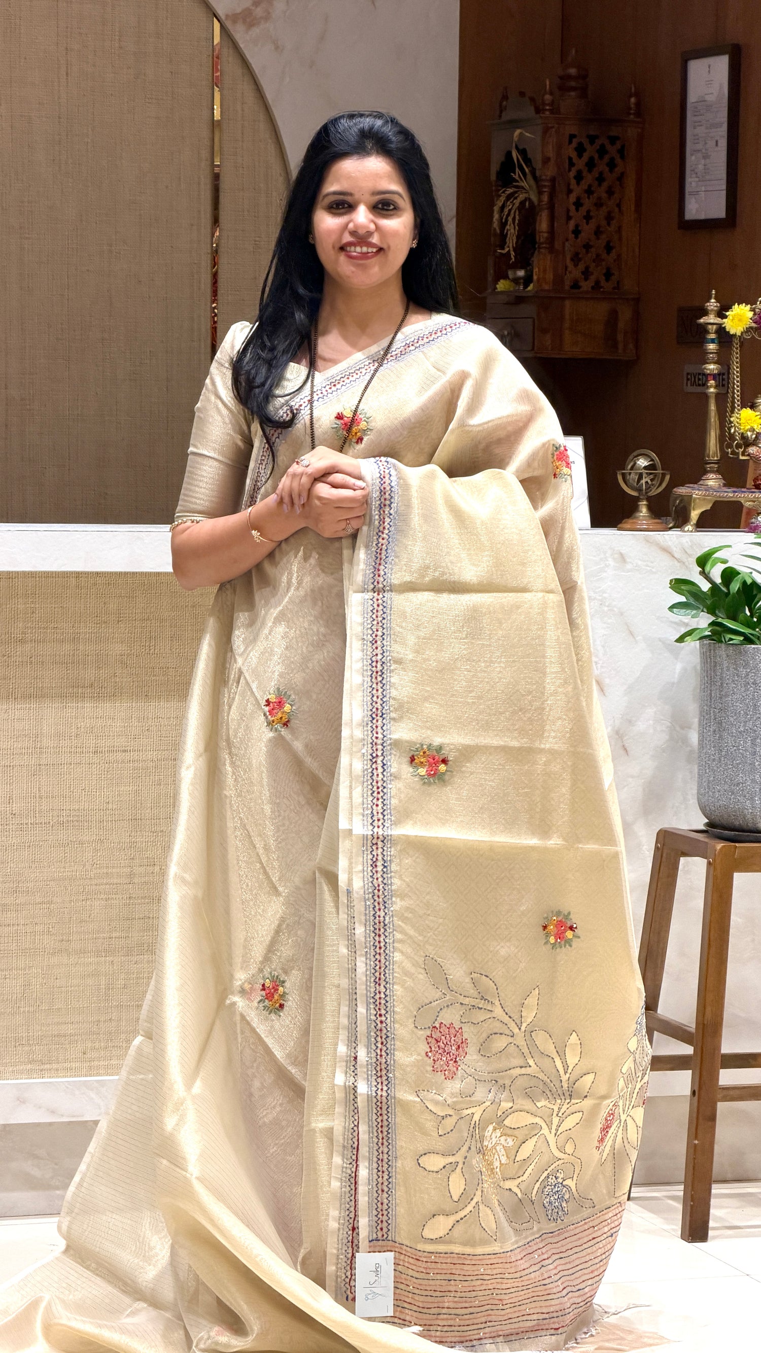 SUV3834-CHICKU WITH BLUE Designer tissue saree