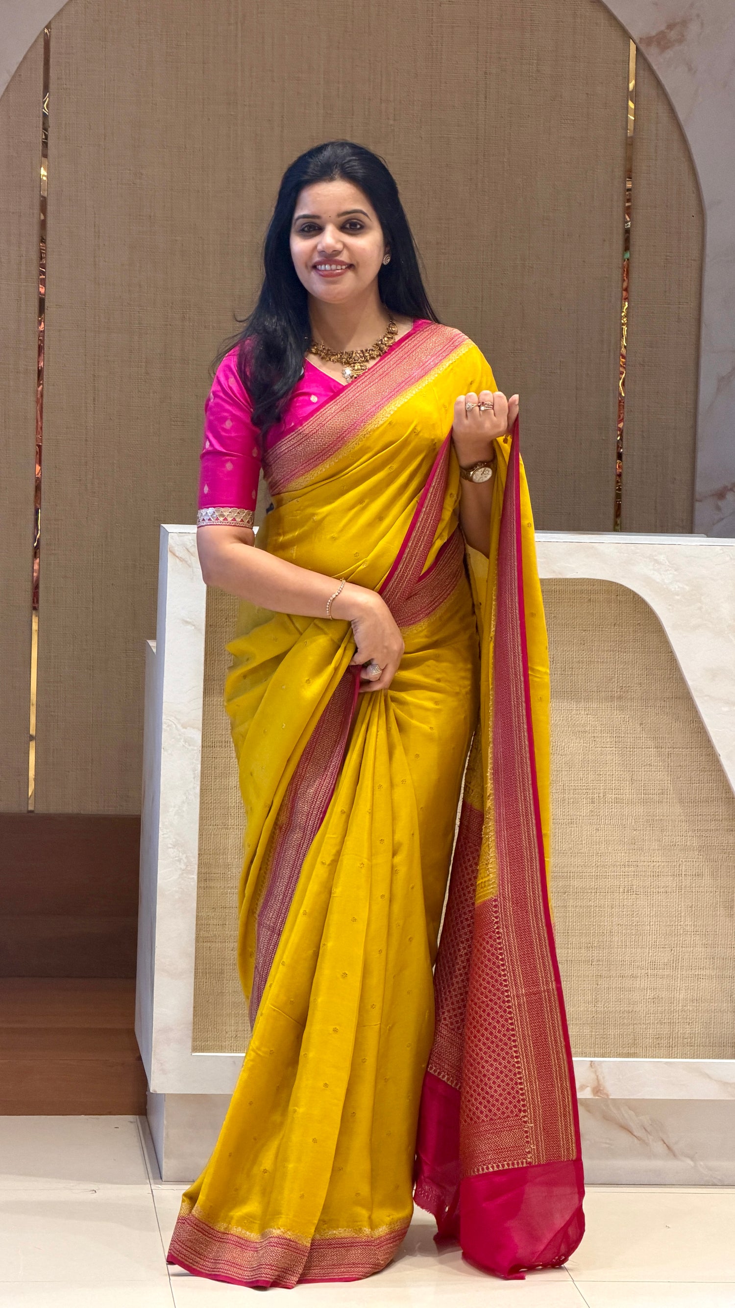 PSUV226-YELLOW WITH PINK pure banarasi crepe silk saree