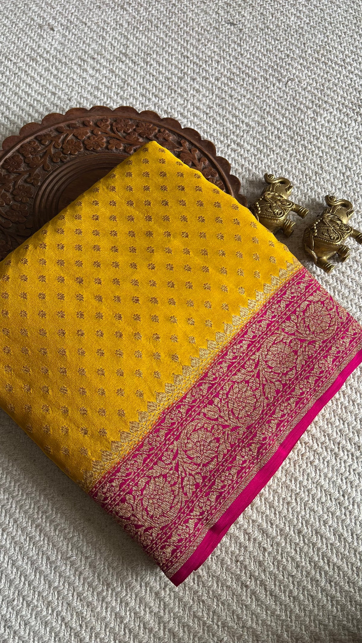 PSB42-YELLOW WITH PINK PURE CREPE BANARASI SILK