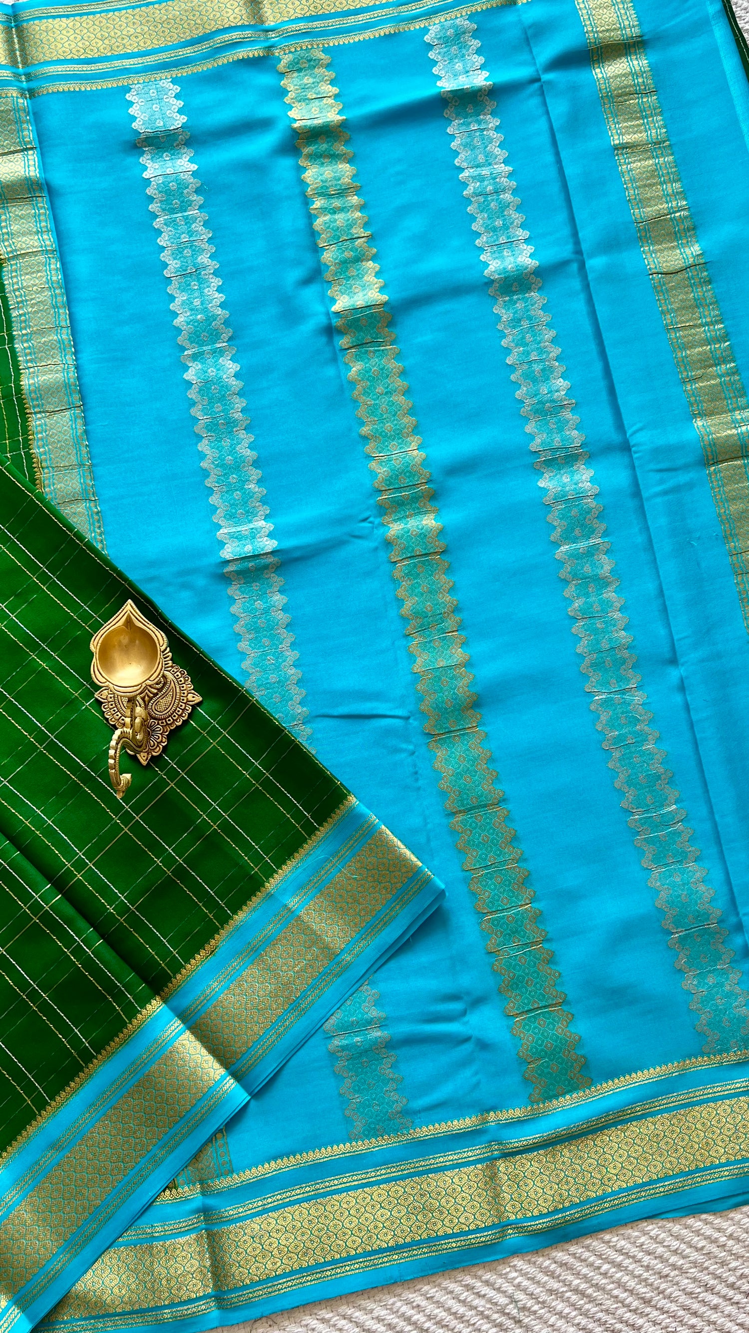 PSUV285-GREEN WITH SKYBLUE PURE MYSORE SILK SAREE