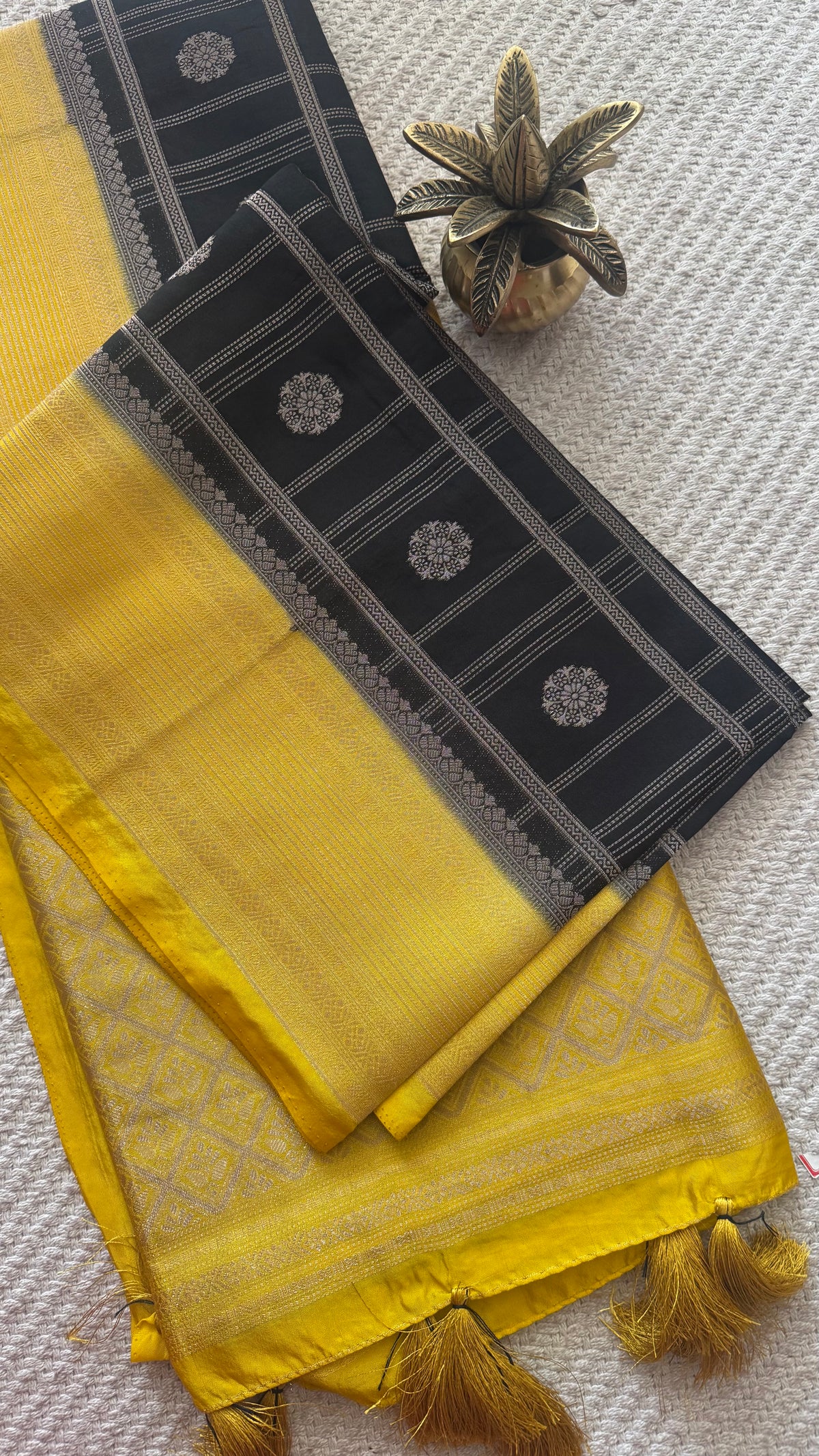 Crepe tusser silk saree SUV5893-BLACK WITH MUSTARD