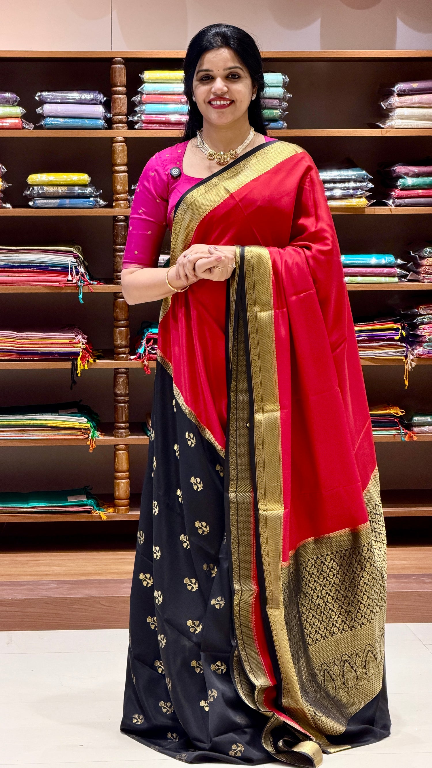PURE MYSORE SILK SAREE PSH86-RED WITH BLACK