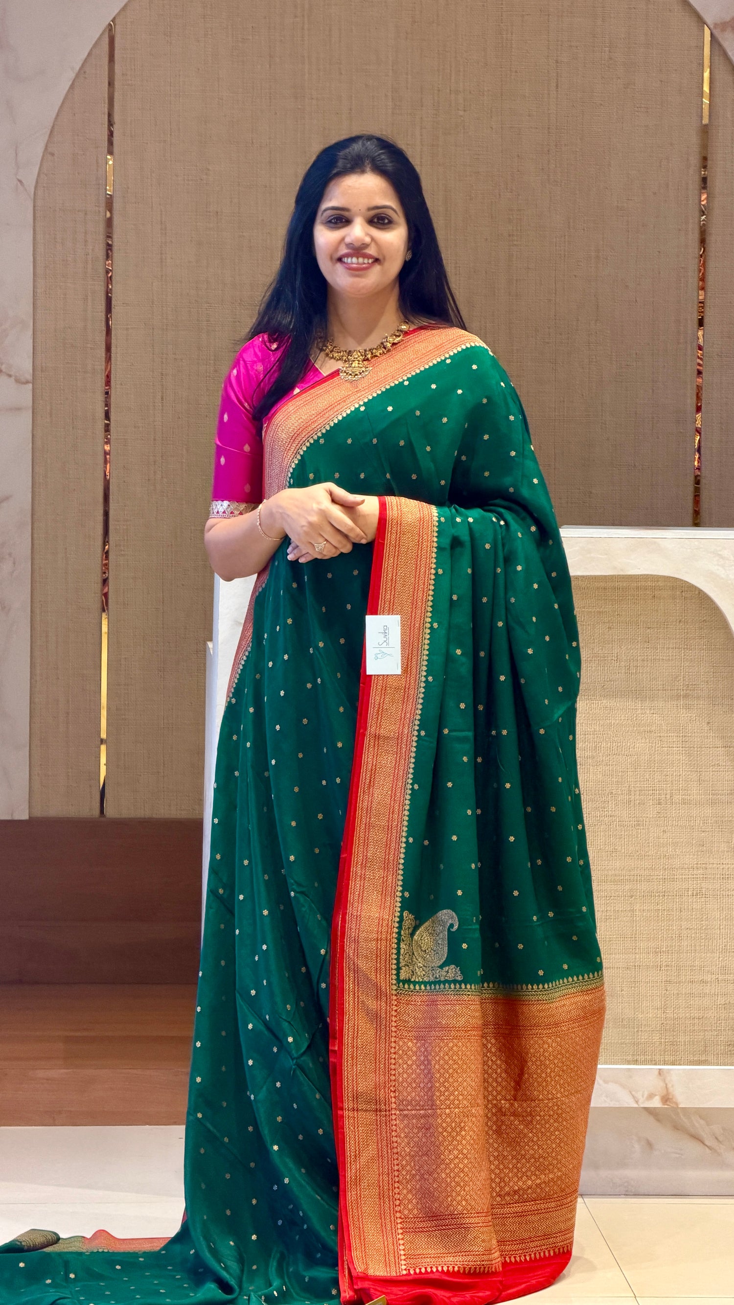 PSUV226-BOTTLEGREEN WITH RED pure banarasi crepe silk saree