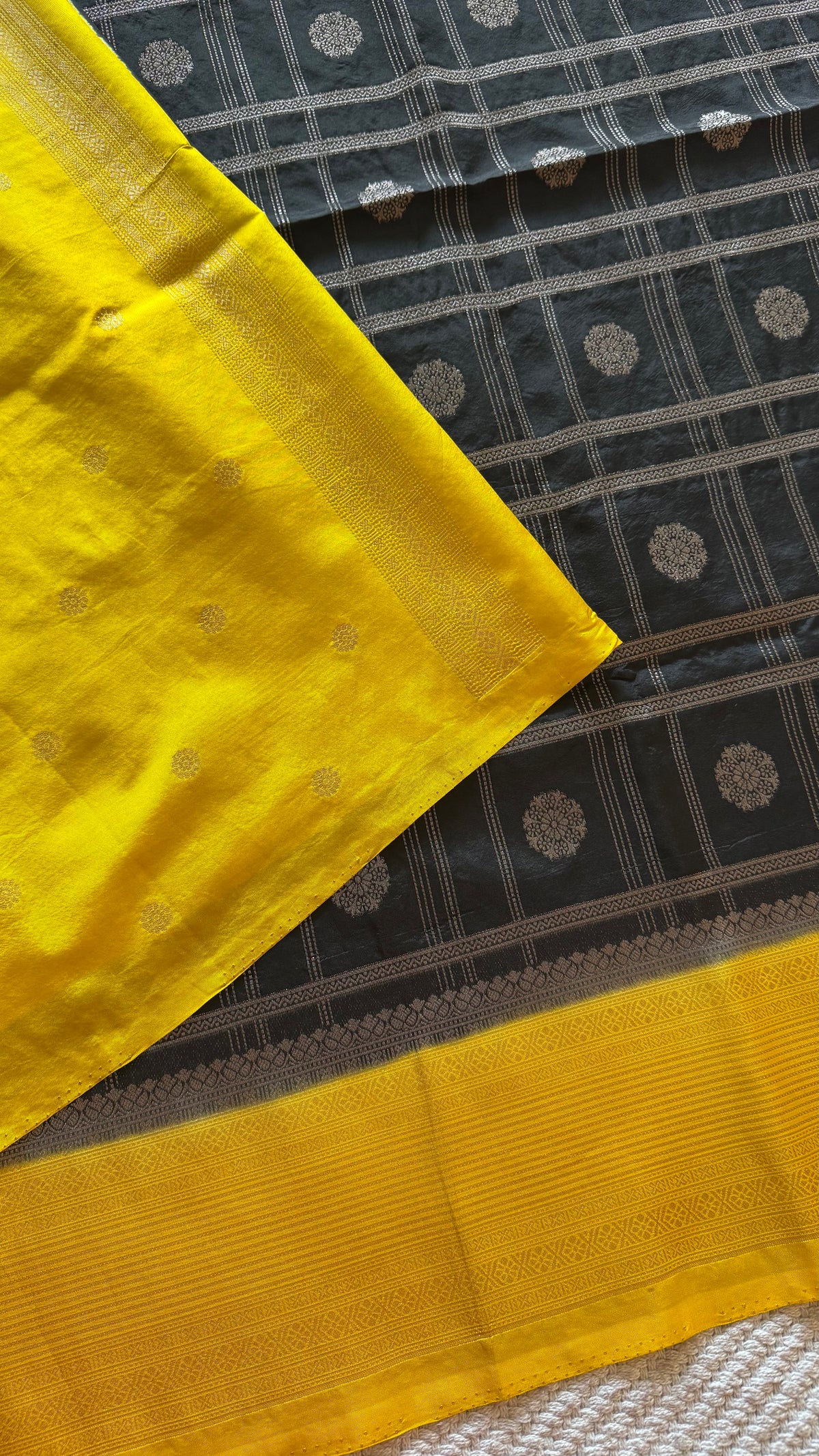Crepe tusser silk saree SUV5893-BLACK WITH MUSTARD