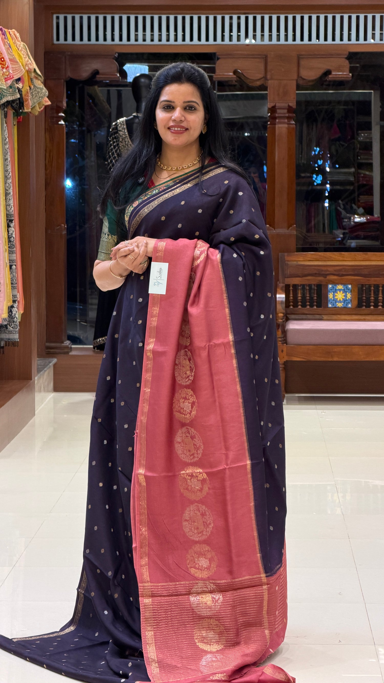 CREPE SILK SAREE SUV5389-BLUE WITH ONIONPINK
