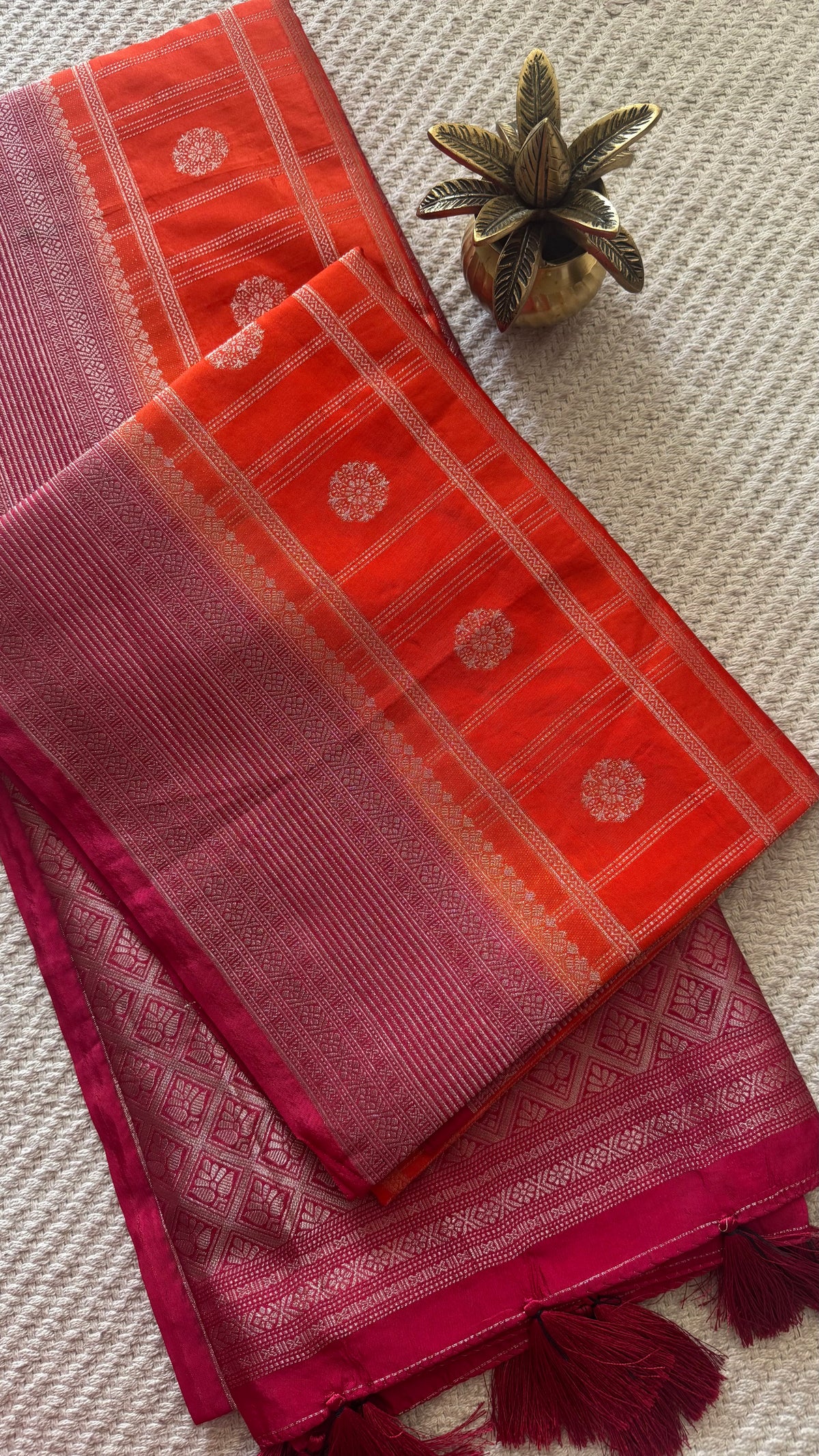 Crepe tusser silk saree SUV5893-ORANGE WITH PINK