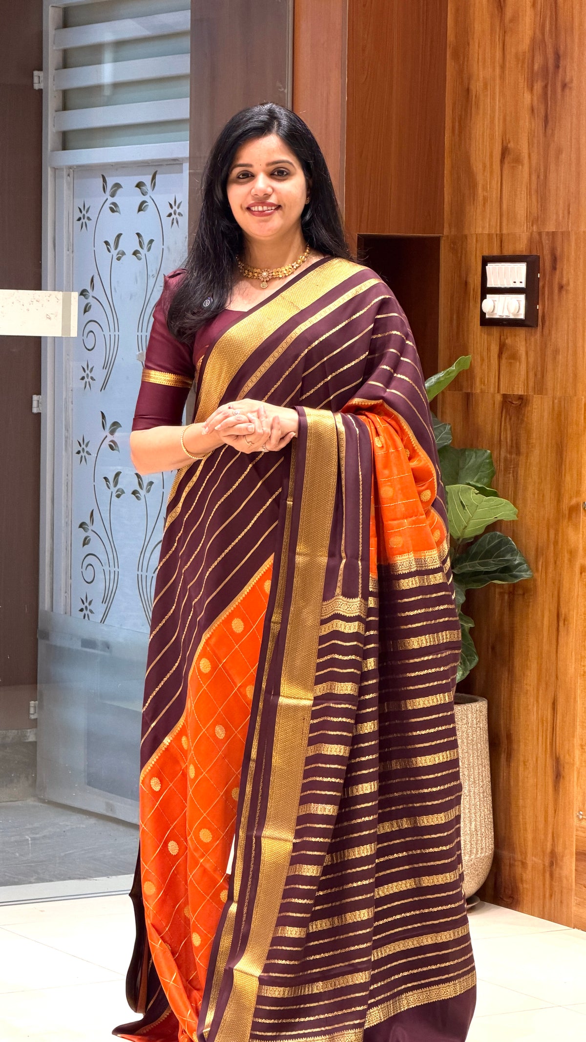 PURE MYSORE CREPE PSUV237-ORANGE WITH COFFEEBROWN