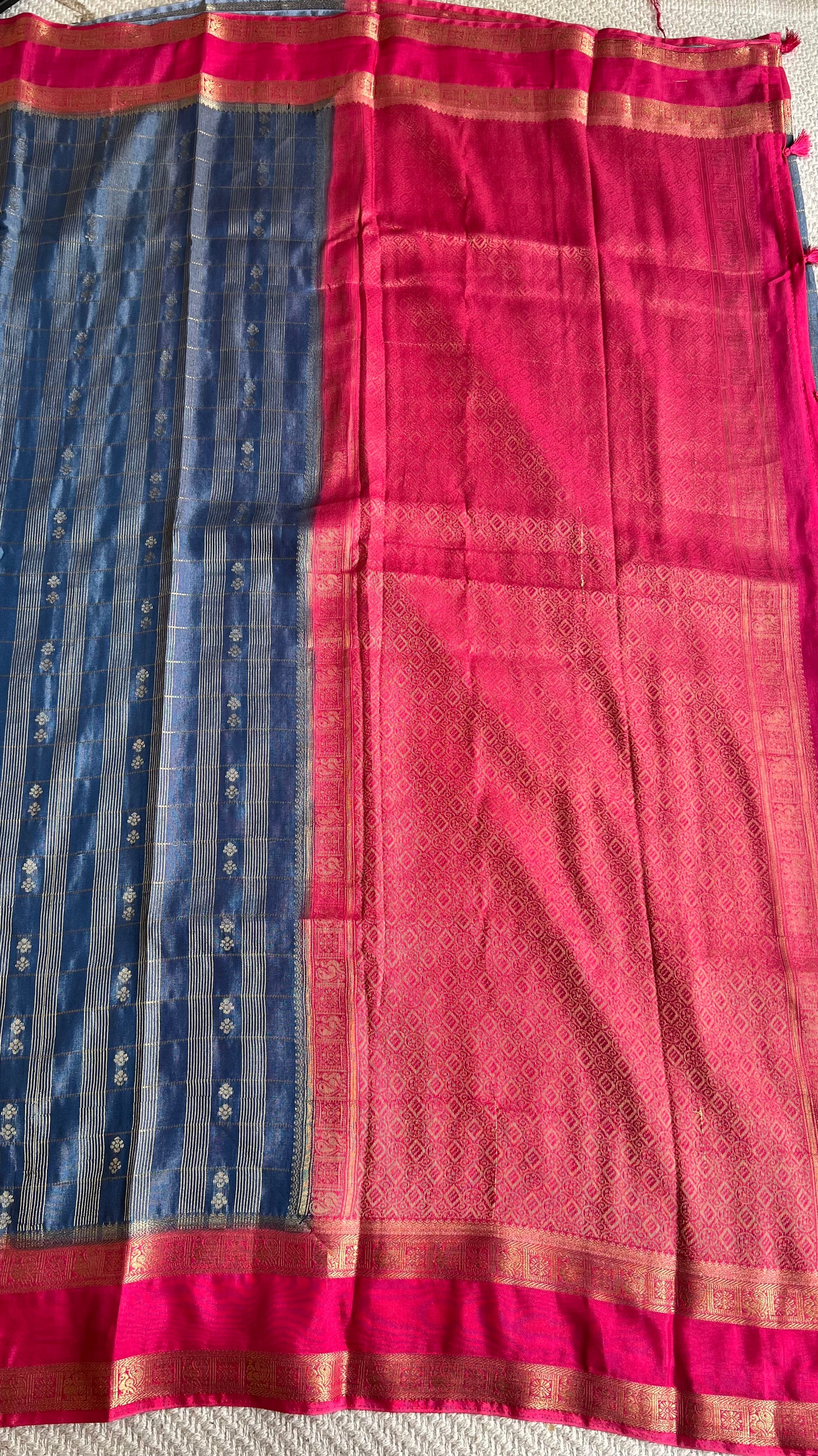 CREPE SILK SAREE SUV5476-BLUE WITH PINK