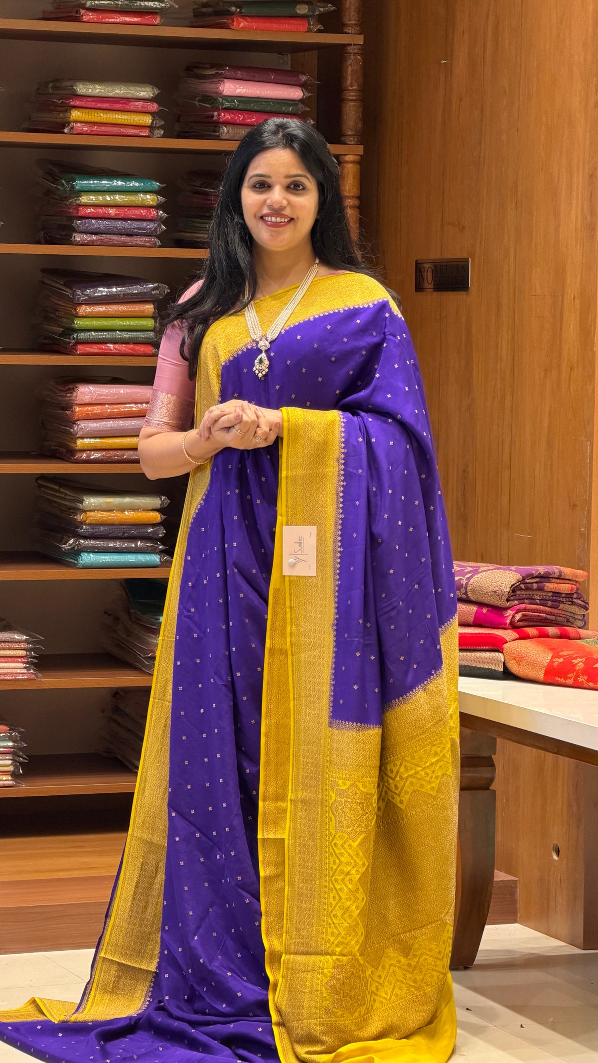 PURE BANARSI CREPE SAREE PSM57-PURPLE WITH MUSTARD