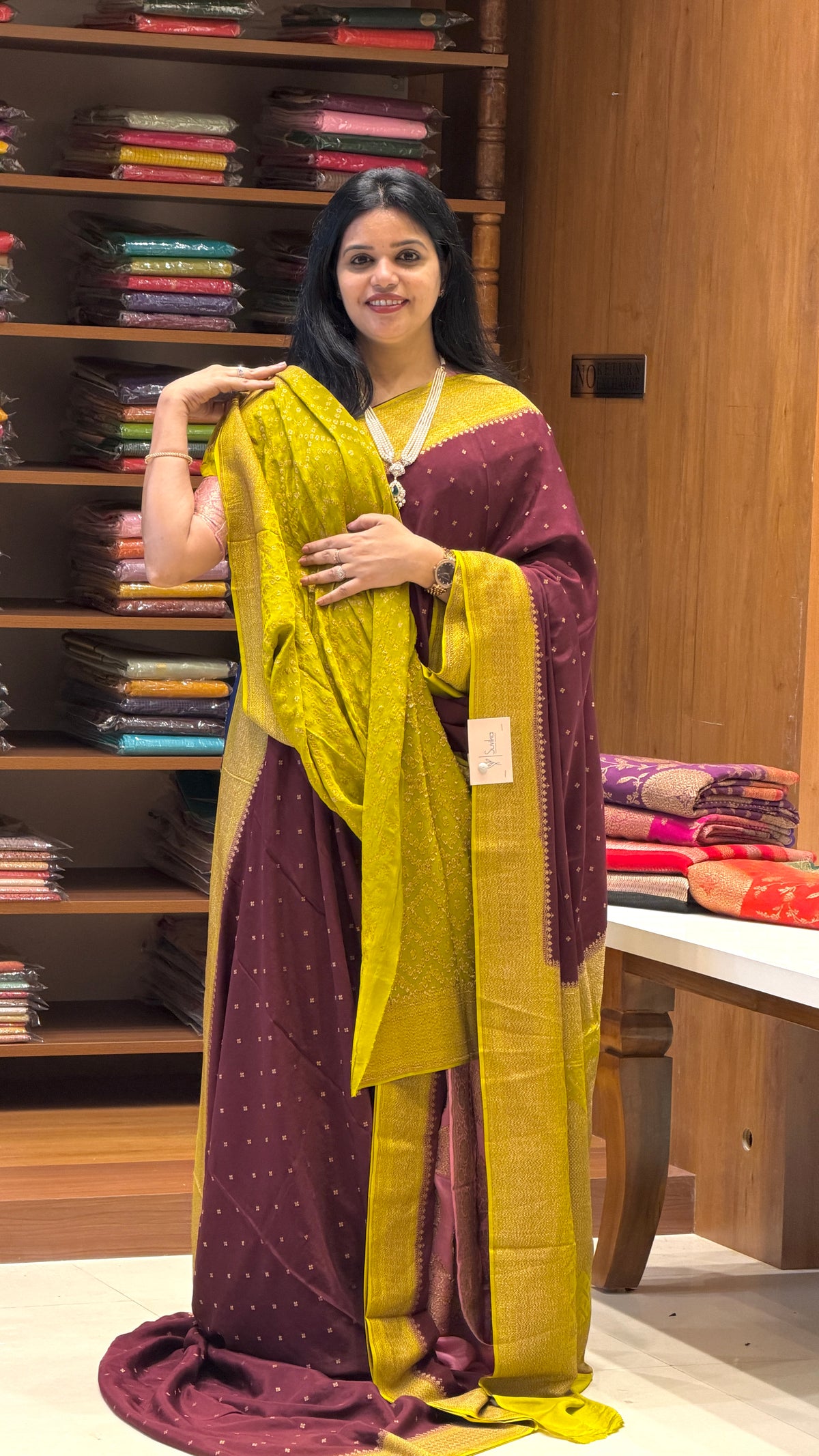 PURE CREPE SILK SAREE PSM58-WINE WITH MUSTARD