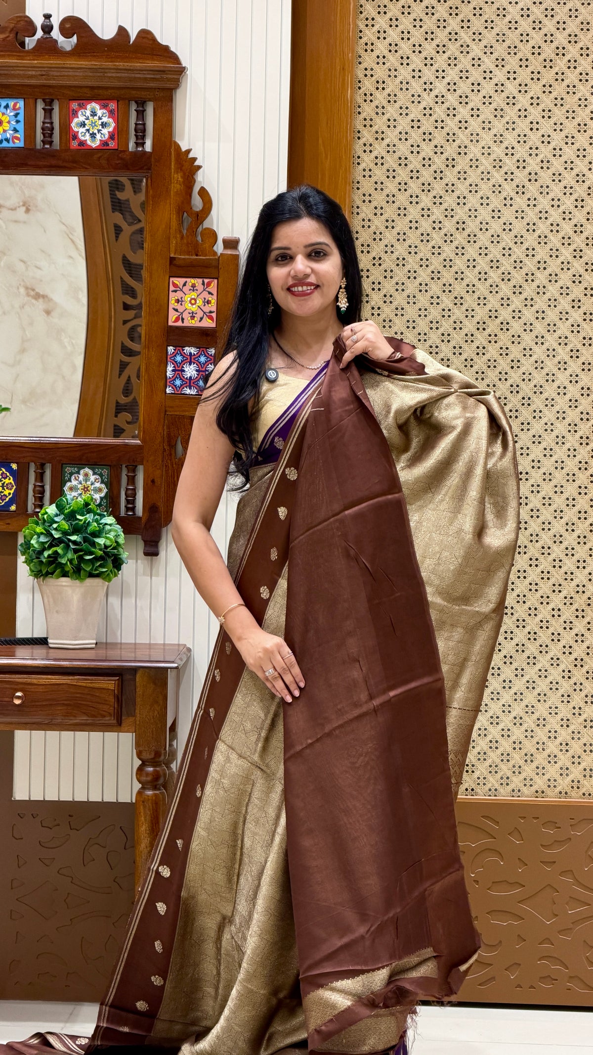 SUV5677-BROWN TISSUE CREPE SILK SAREE