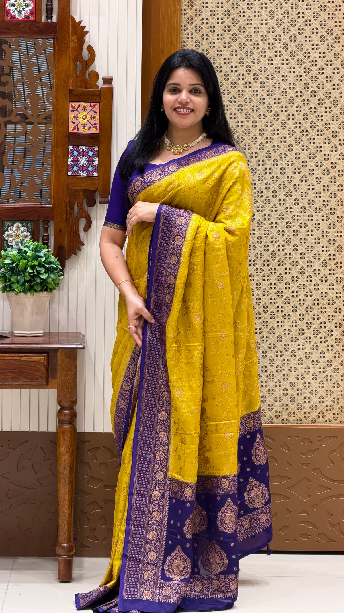 BANARASI CREPE SUV5785-MUSTARD WITH BLUE