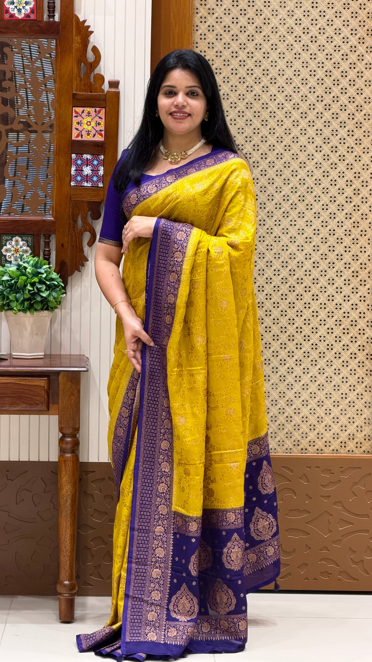 BANARASI CREPE SUV5785-MUSTARD WITH BLUE