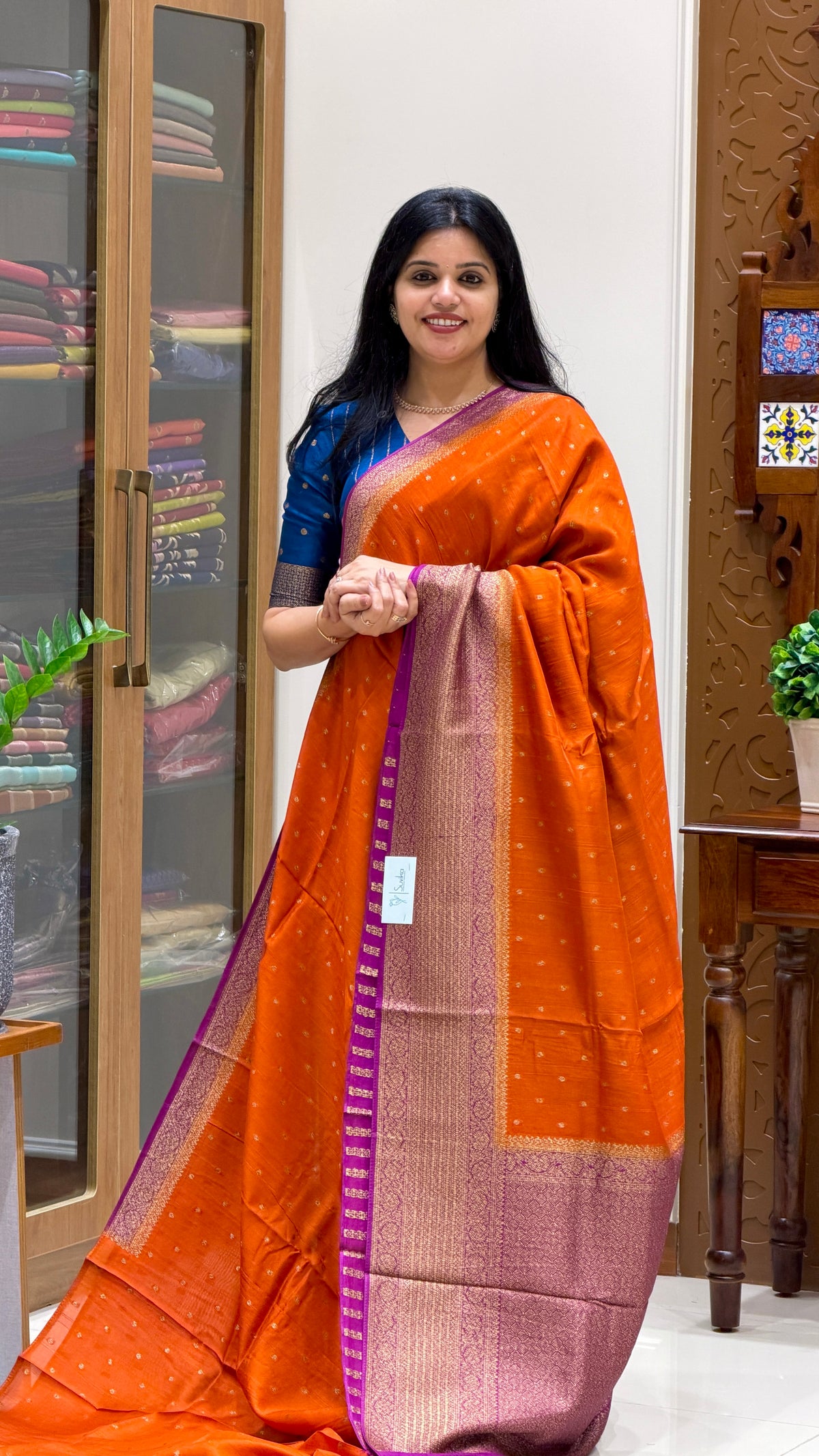 JUTE TUSSER SILK SAREE  SUV5787-ORANGE WITH MAGENTA