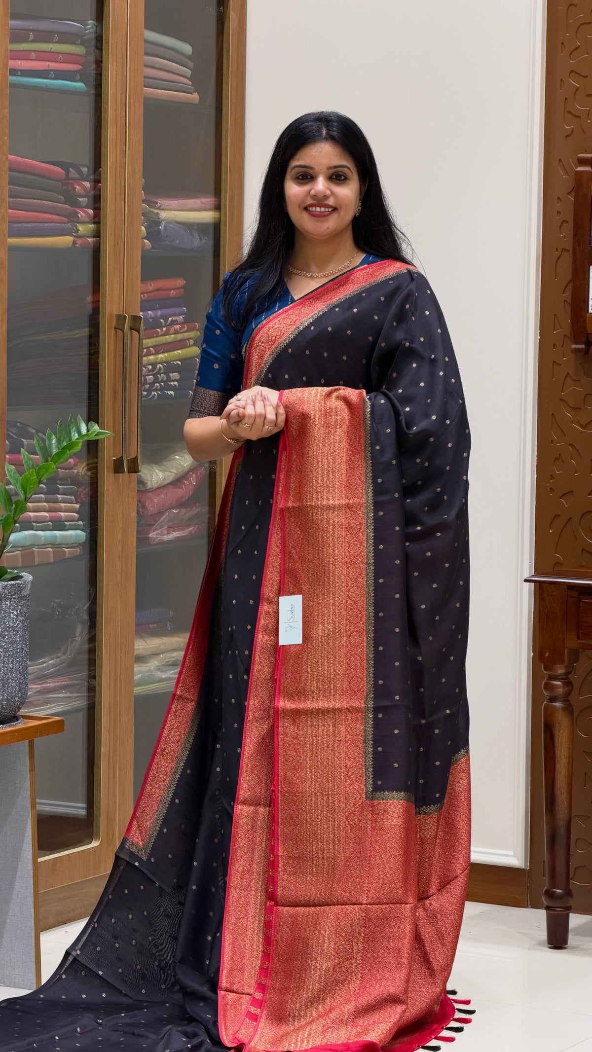 JUTE TUSSER SILK SAREE SUV5787-BLACK WITH PINK