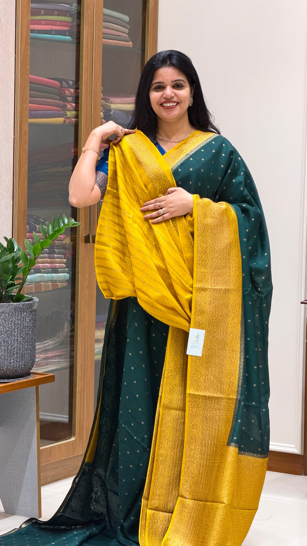 JUTE TUSSER SILK SAREE SUV5787-BOTTLEGREEN WITH MUSTARD