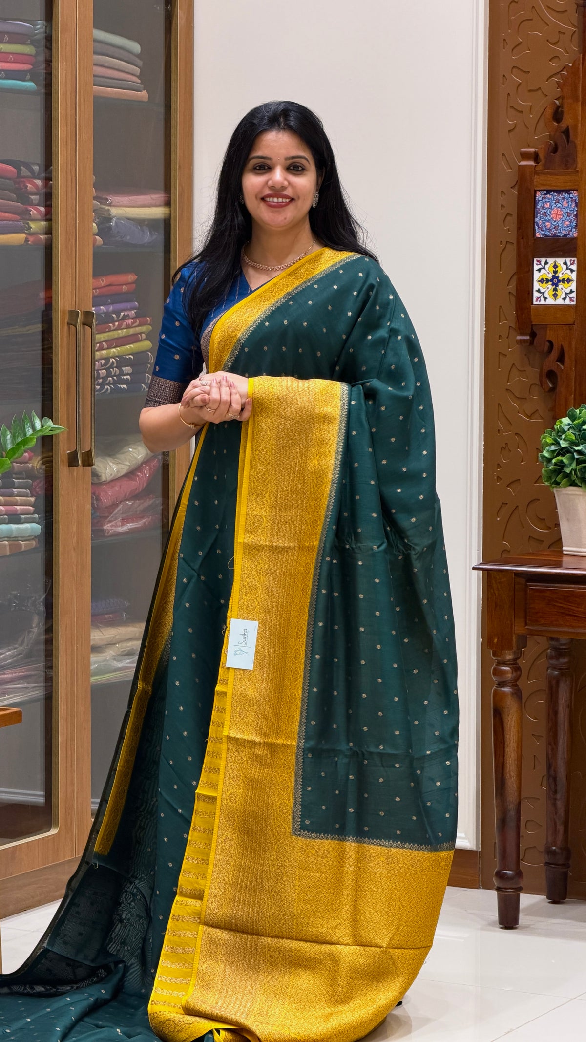 JUTE TUSSER SILK SAREE SUV5787-BOTTLEGREEN WITH MUSTARD
