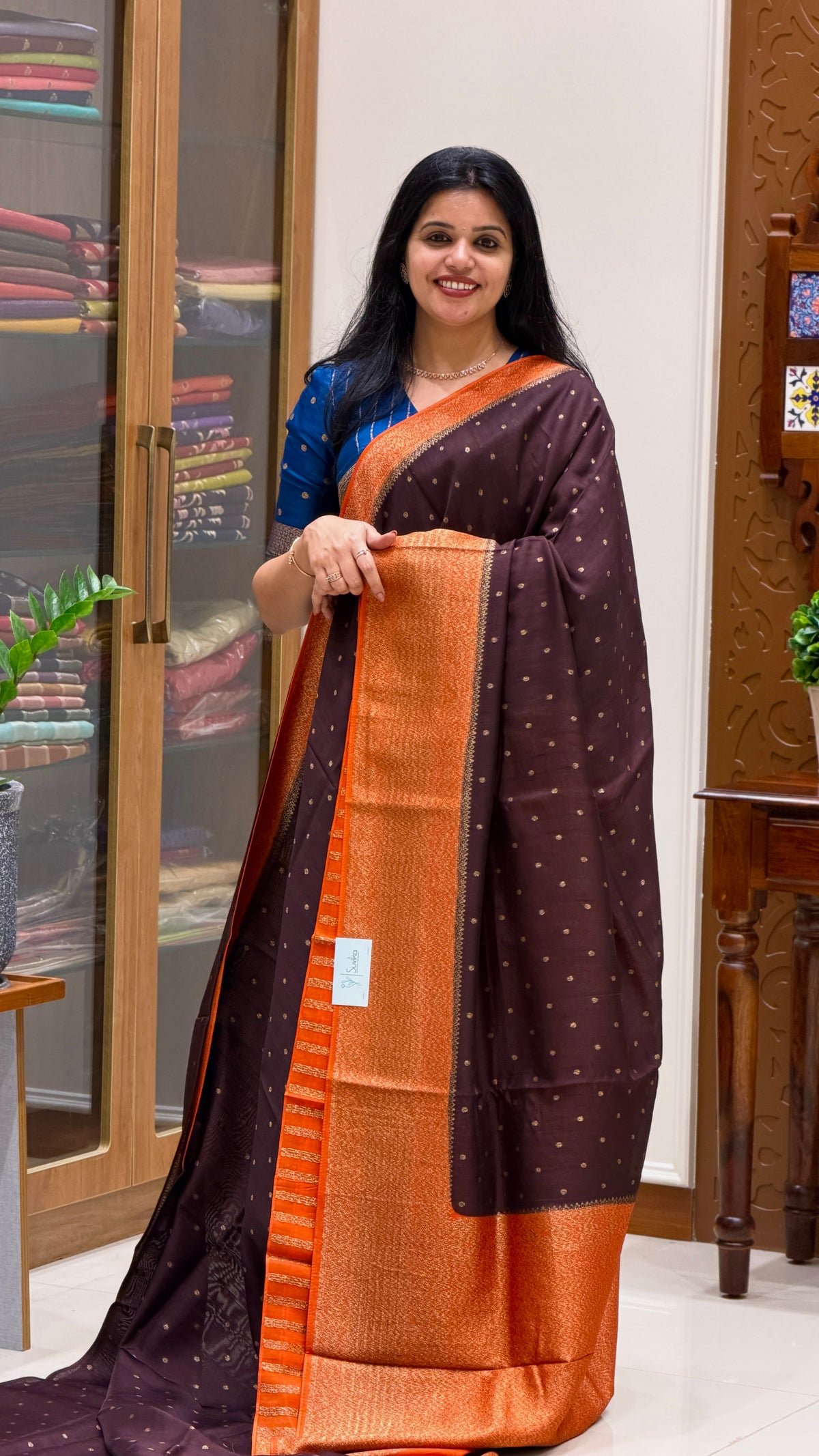 JUTE TUSSER SILK SAREE SUV5787-COFFEEBROWN WITH ORANGE