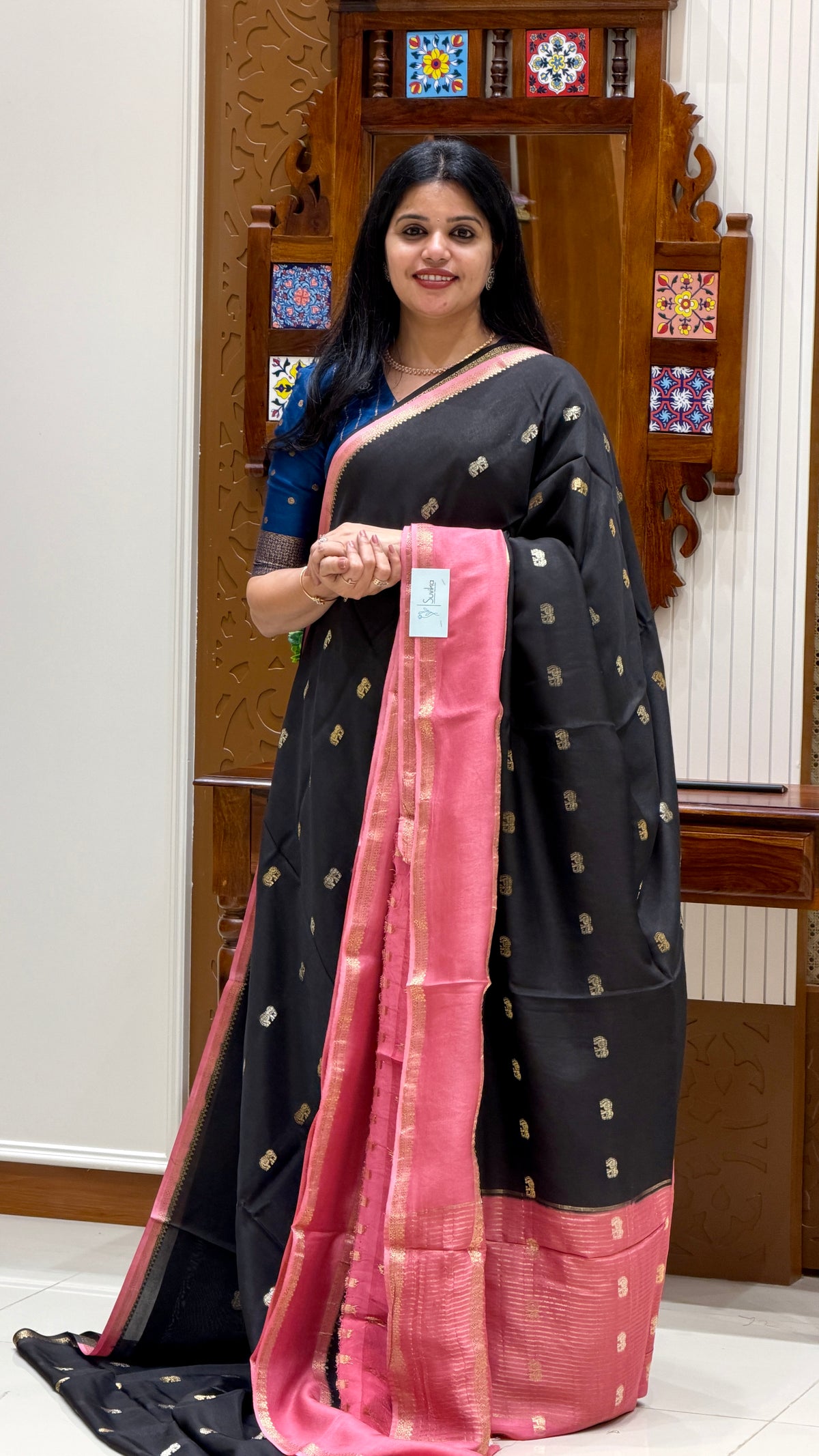 CREPE SILK SAREE SUV6029-BLACK WITH PINK