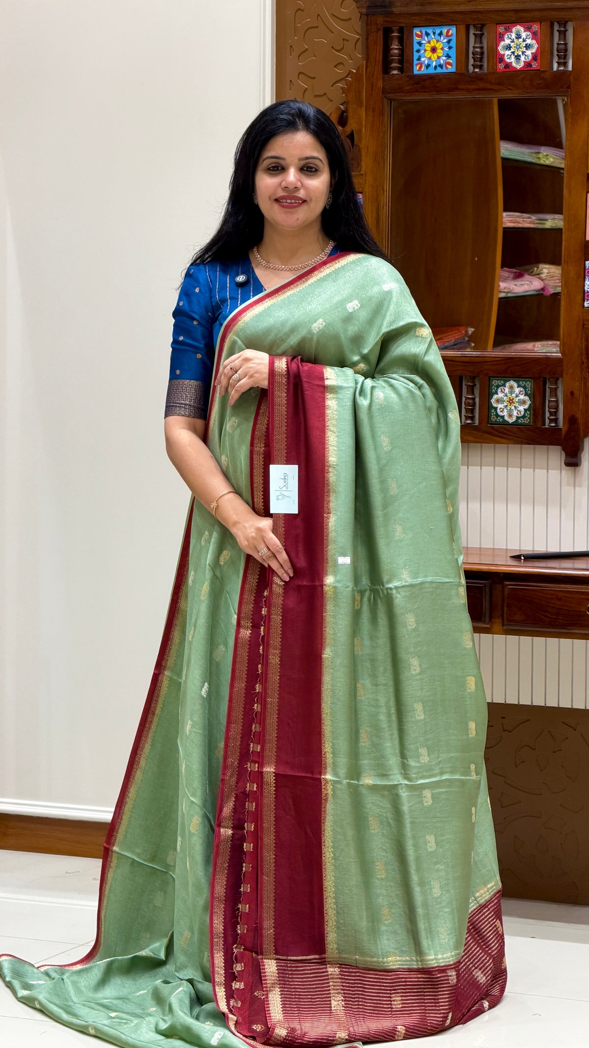 CREPE SILK SAREE SUV6029-SAGEGREEN WITH RED