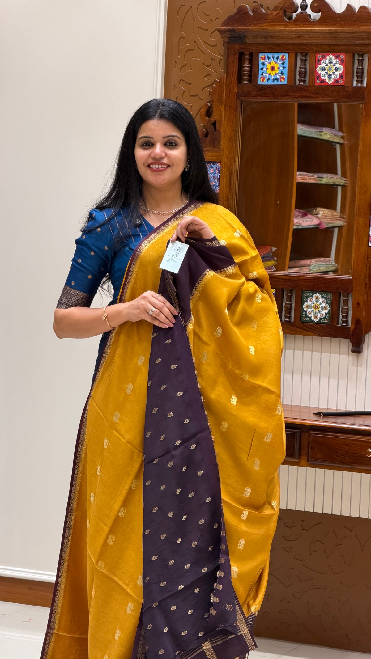 CREPE SILK SAREE SUV6029-MUSTARD WITH COFFEEBROWN