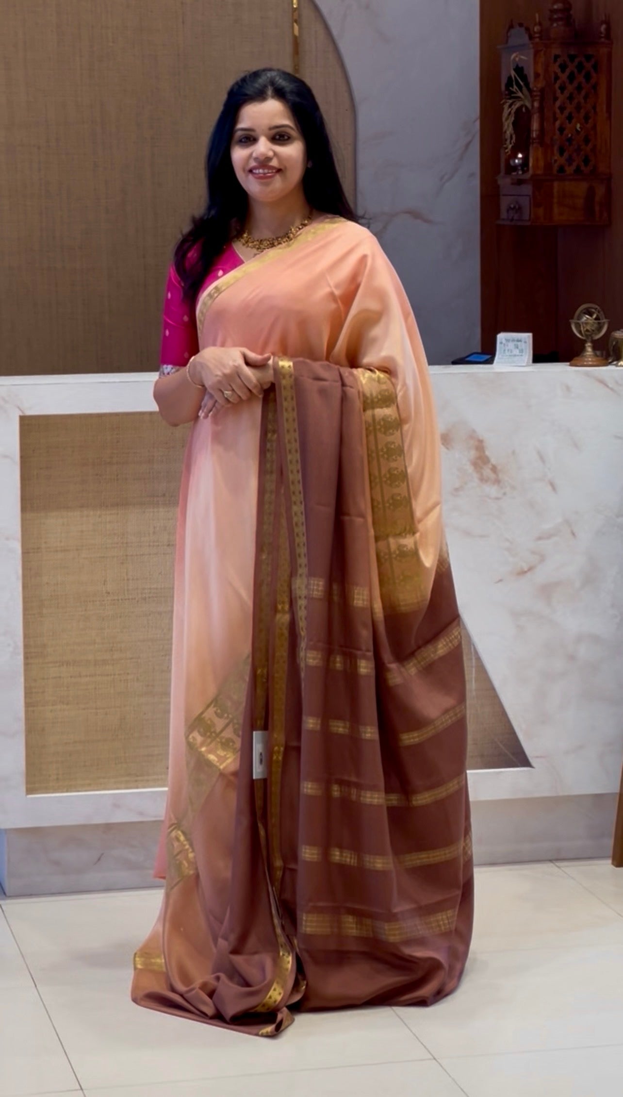 PSUV275-PEACH WITH BROWN PURE MYSORE CREPE SILK SAREE