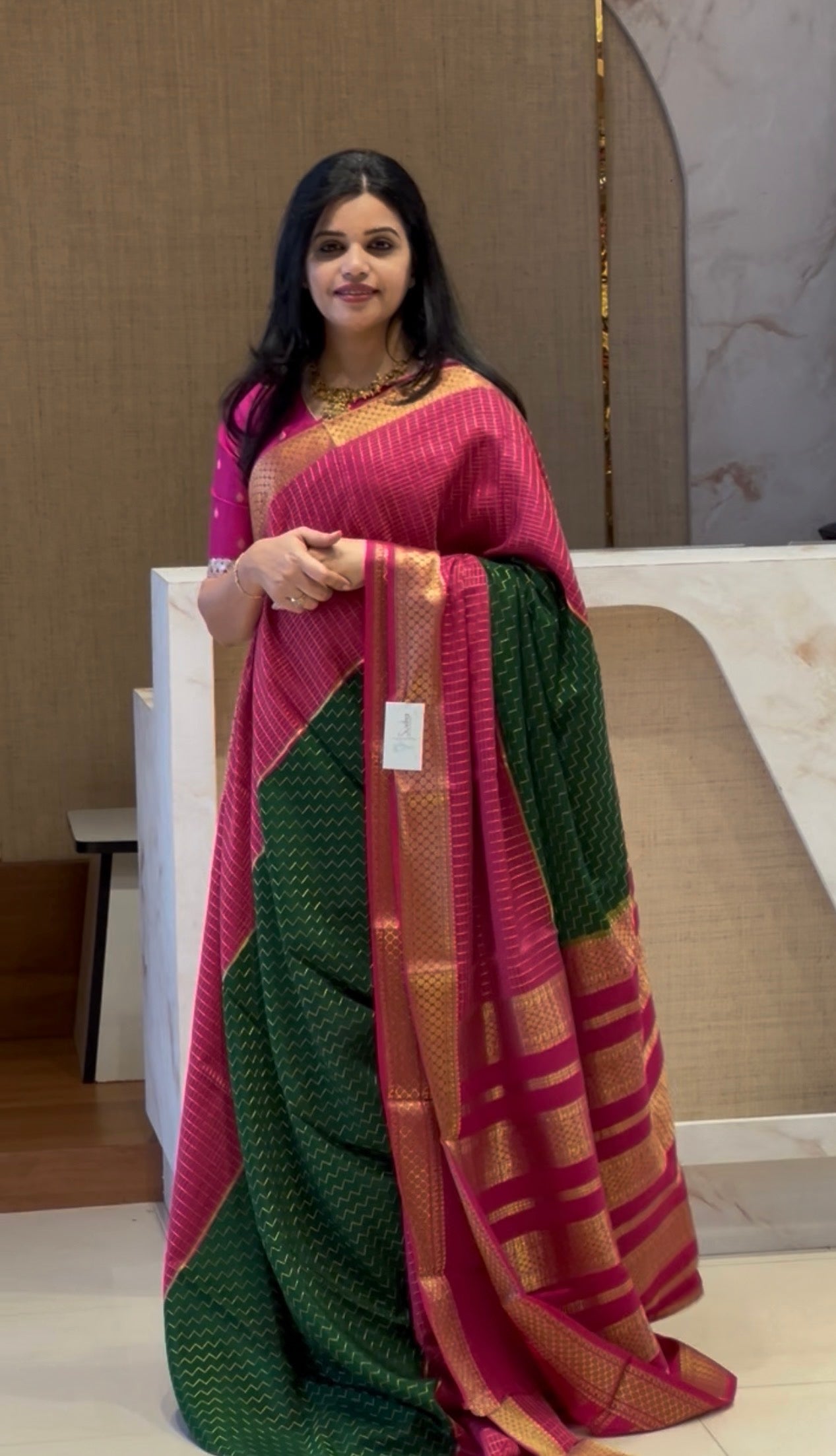 PSUV252-BOTTLEGREEN WITH PINK PURE MYSORE SILK SAREE