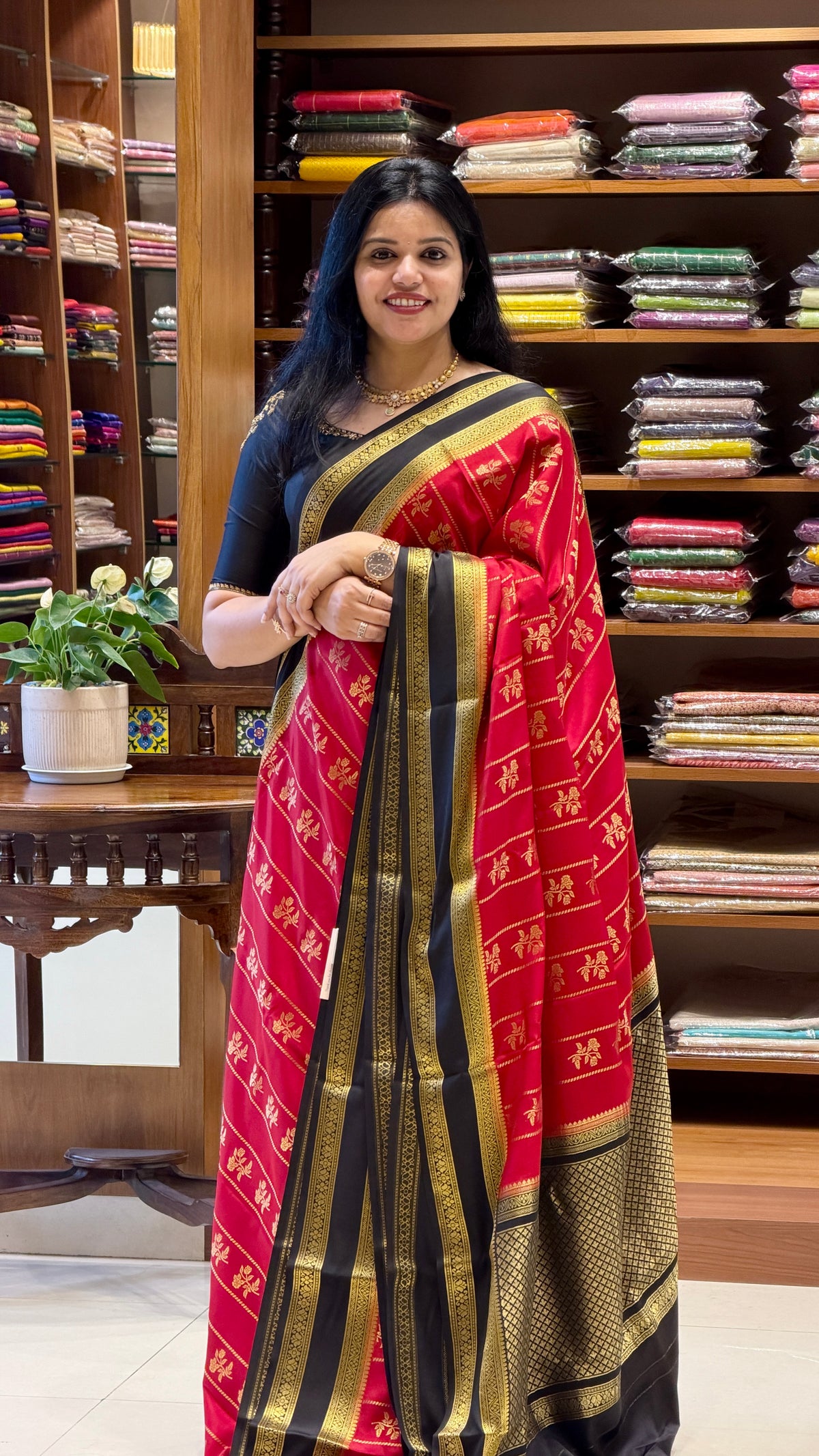 PURE MYSORE CREPE PSH79-RED WITH BLACK